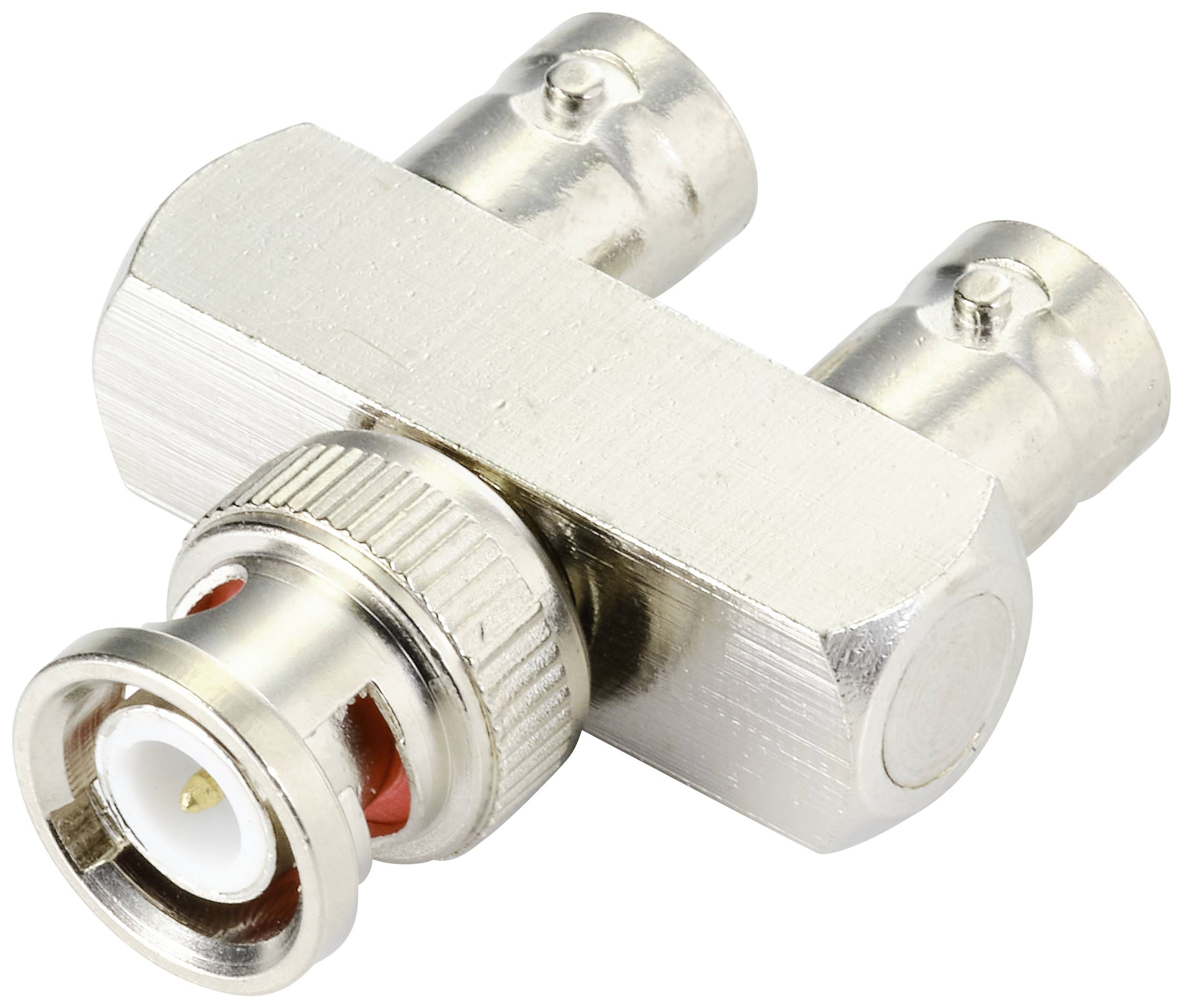 BNC-T-Stück-Adapter aus Metall, mit einem Buchsenanschluss auf der einen Seite und zwei Buchsenanschlüssen auf der anderen Seite.
