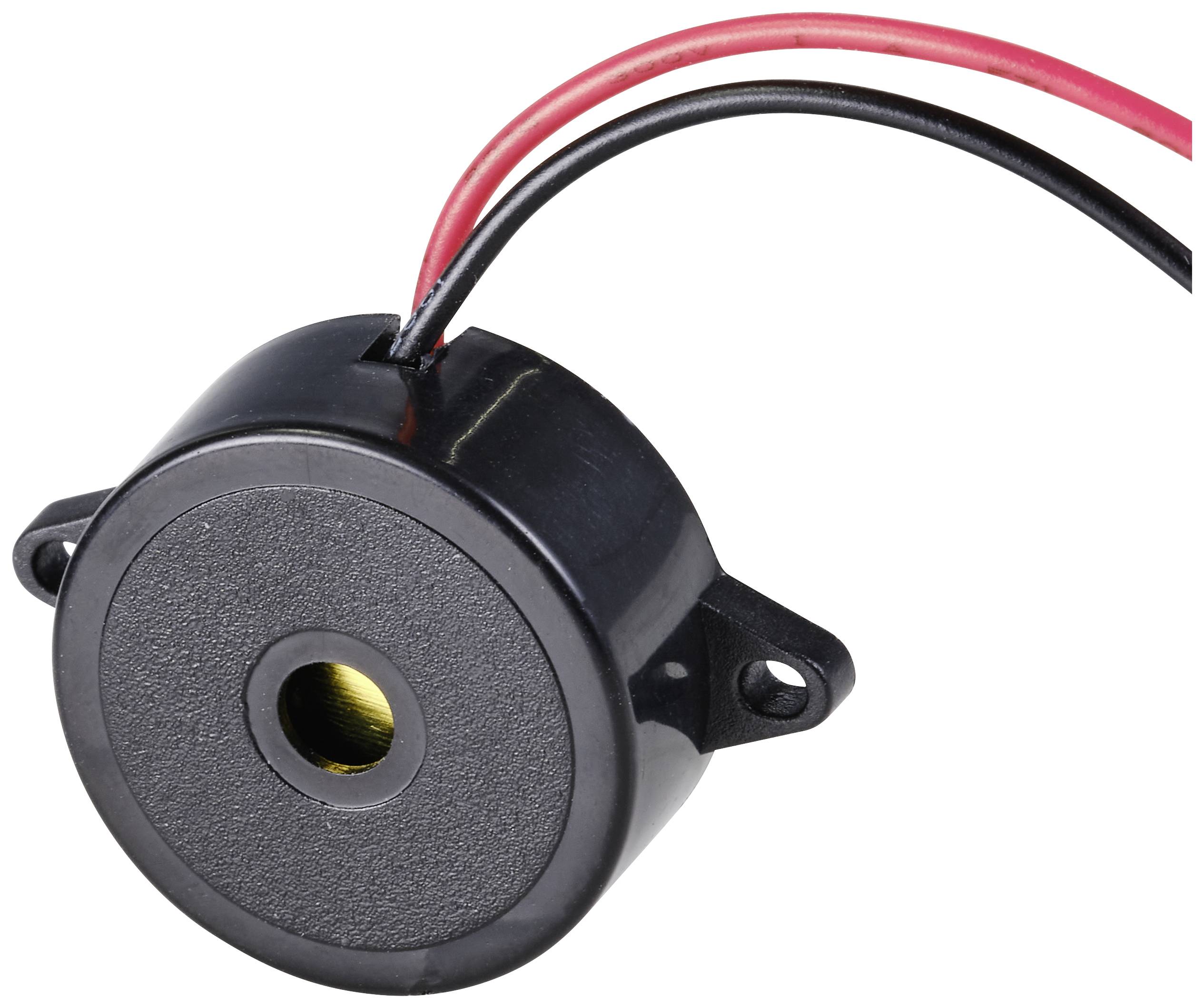 Ein kreisförmiger Piezo-Summer mit zwei abgehenden Drähten, einer rot, einer schwarz. Eignet sich zur Verwendung in elektronischen Geräten.
