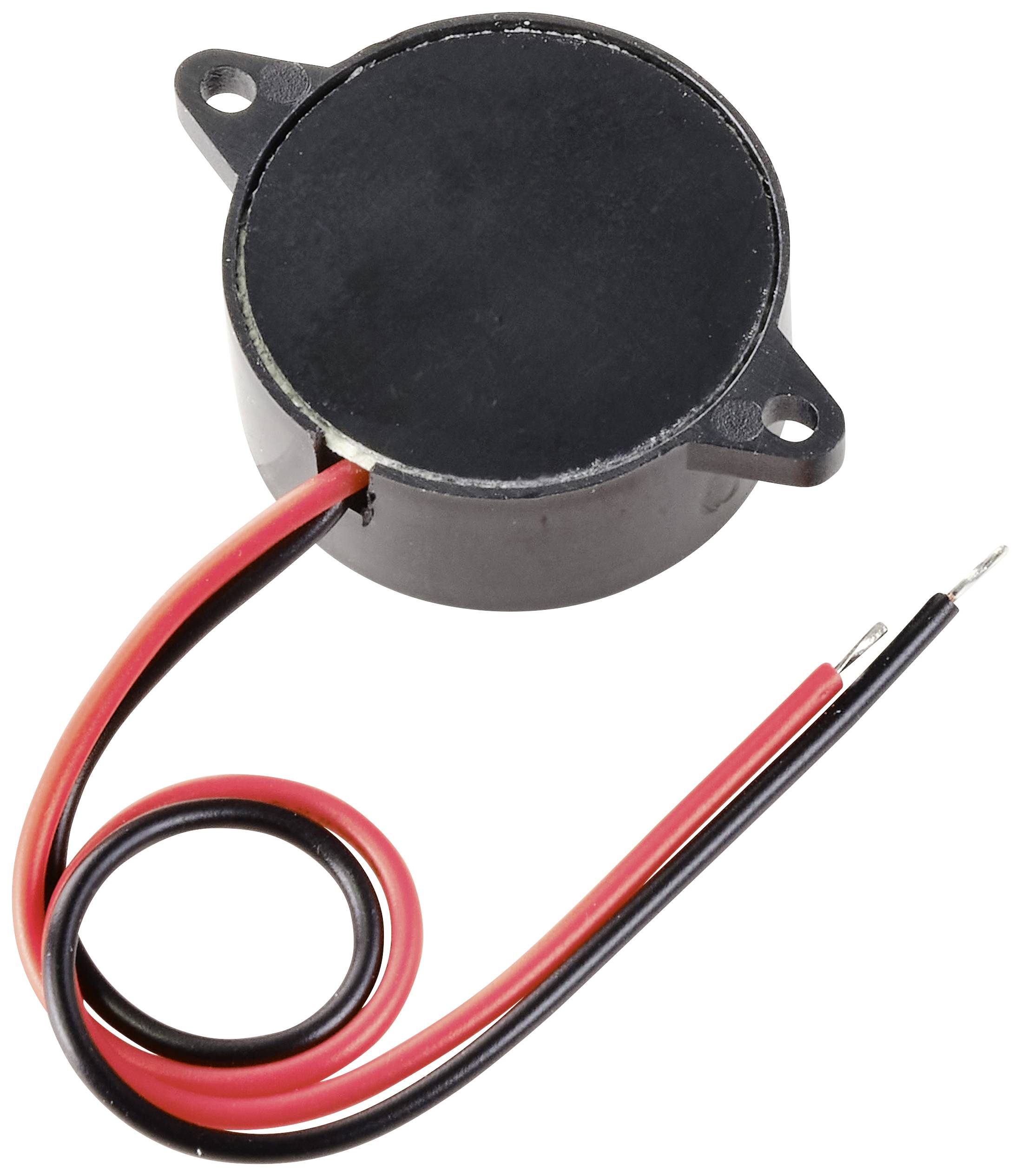 Kleiner, schwarzer Elektronik-Buzzer mit zwei Anschlussdrähten, rot und schwarz.