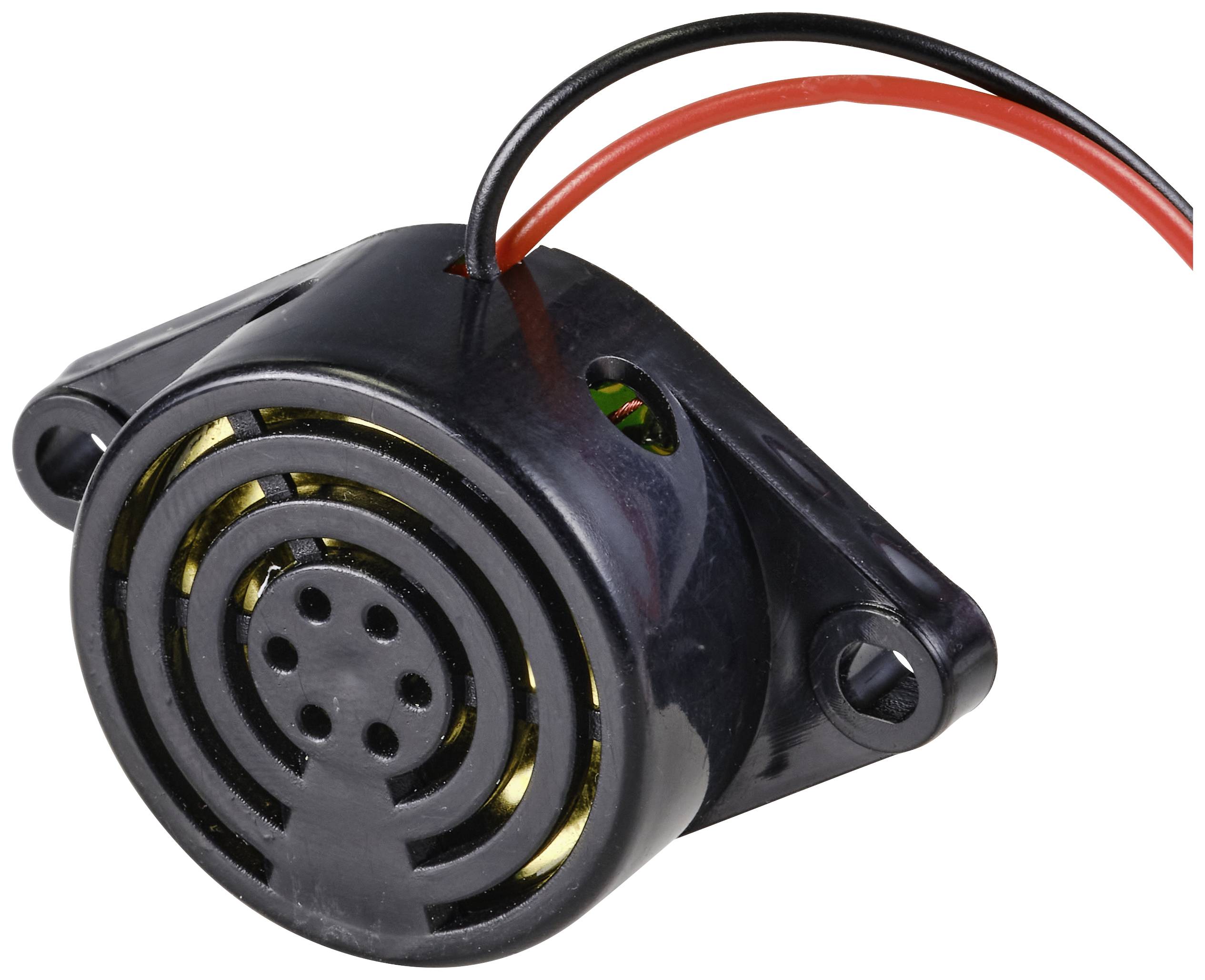 Ein runder, schwarzer Piezo-Summer mit roten und schwarzen Kabeln für elektrische Schaltungen.