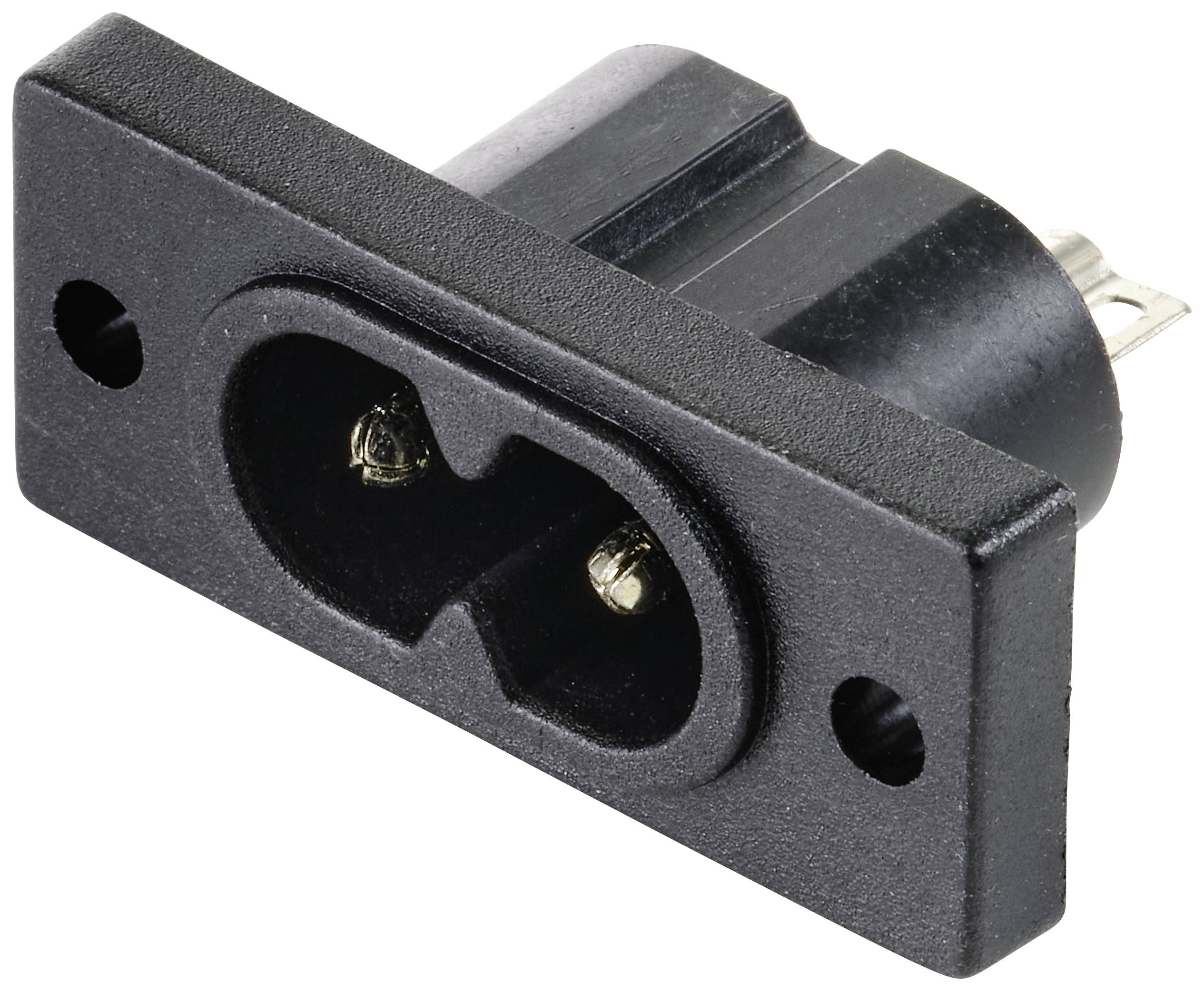 Ein schwarzer Kaltgeräte-Einbaustecker mit zwei Metallkontakten und rechteckigem Flansch. Geeignet für elektrische Verbindungen.