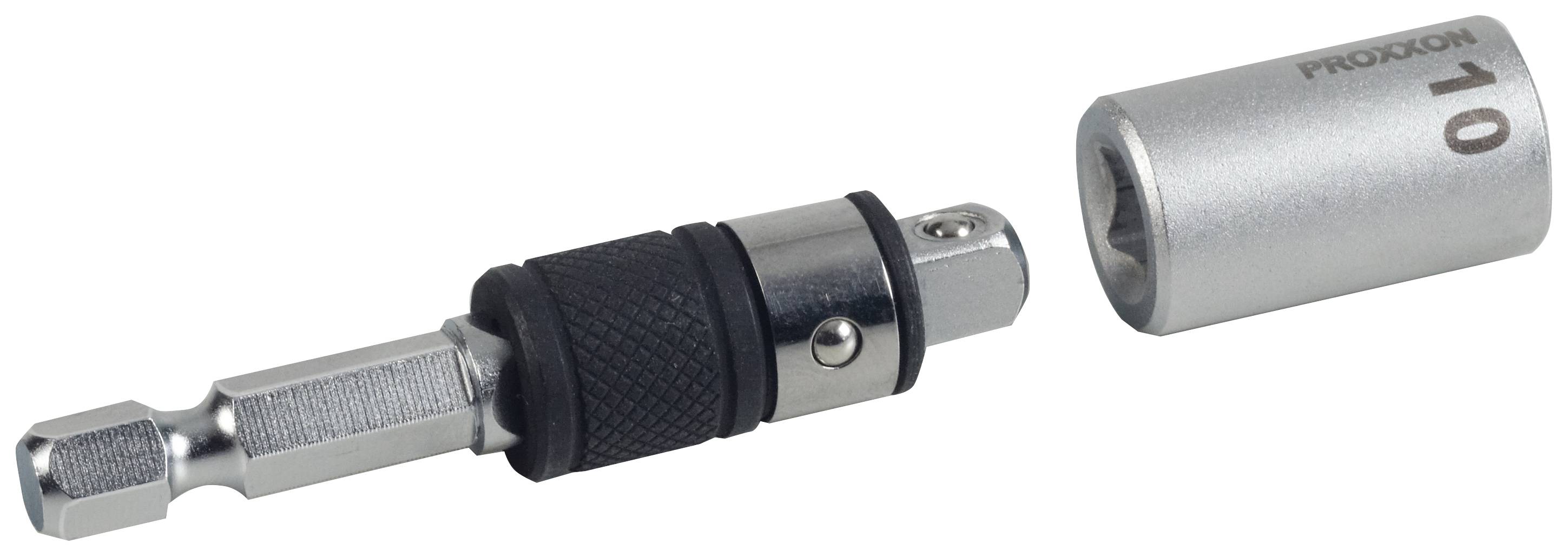 Bitschlüsseladapter mit schwarzem Griff und silberner Hülse, daneben eine silberne Stecknuss mit der Aufschrift '10'.