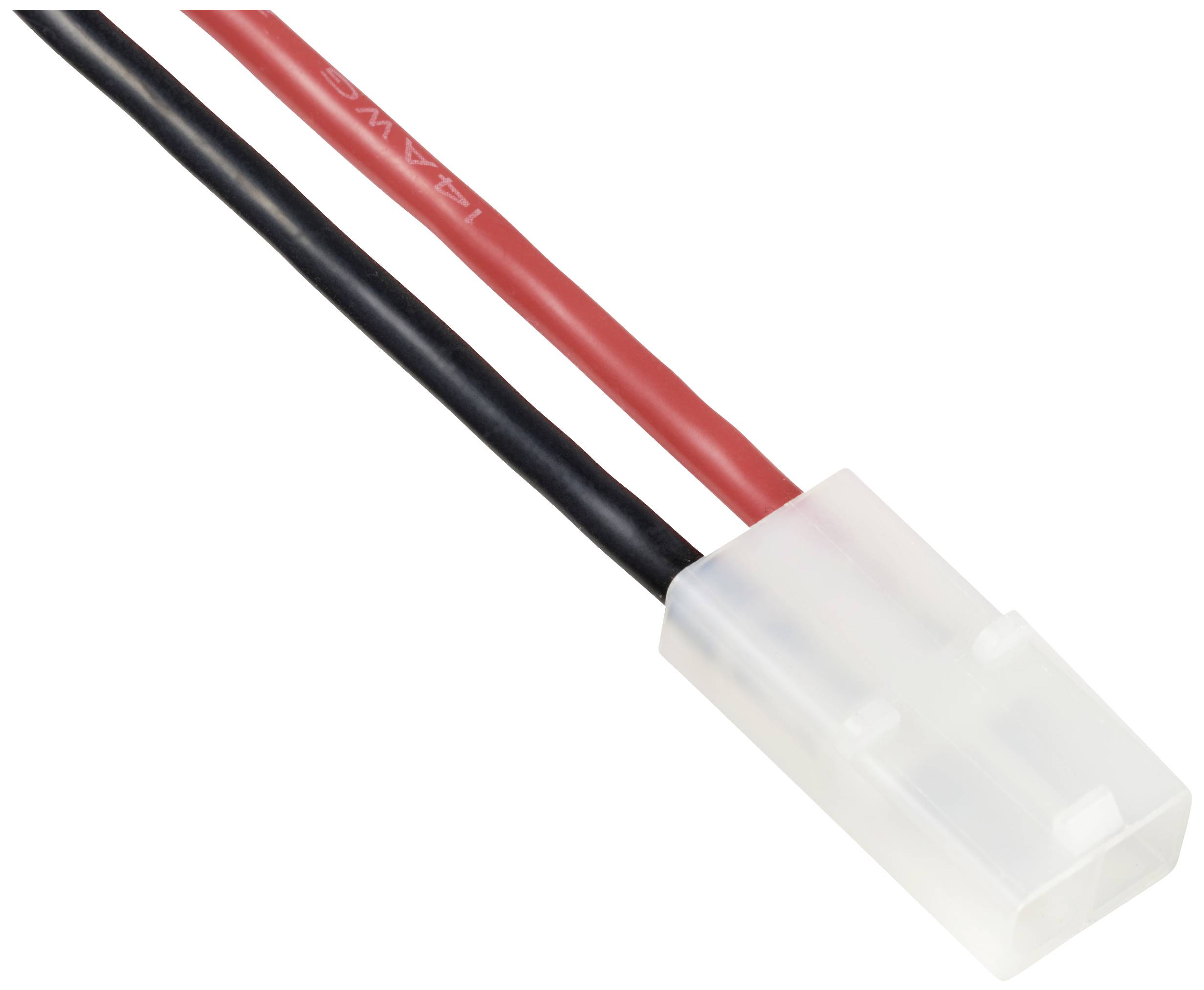 Weiße Steckverbindung mit roten und schwarzen Kabeln, die für den Anschluss elektronischer Geräte verwendet wird.