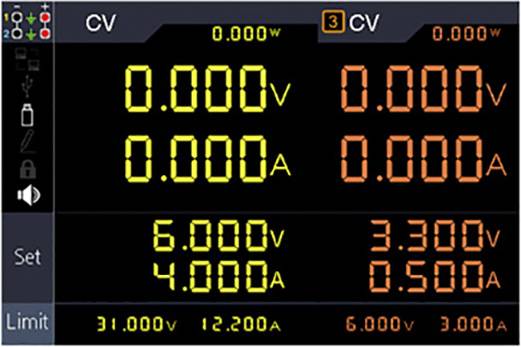 Multimeter-Anzeige: Spannung 6.000V und 3.300V, Strom 4.000A und 0.500A. Oben: 0.000V, 0.000A. Unten: 31.000V, 12.200A, 3.000A.