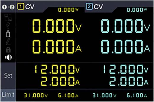 Digitales Multimeter-Display mit zwei Spannungs- und Strommessungen: Oben 0.000V, 0.000A; unten 12.000V, 2.000A.
