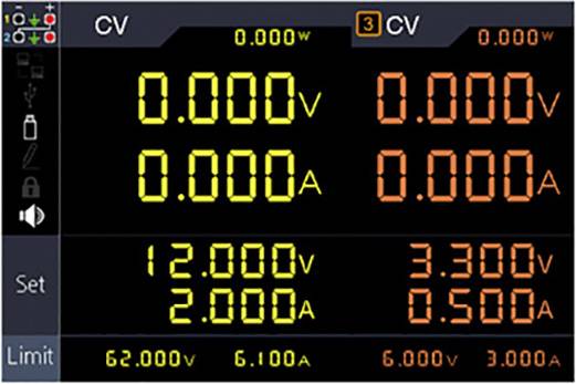 Messgerät-Display zeigt Spannung (v) und Stromstärke (A): Linke Seite 62.000v, 6.100A; Rechte Seite 6.000v, 3.000A.