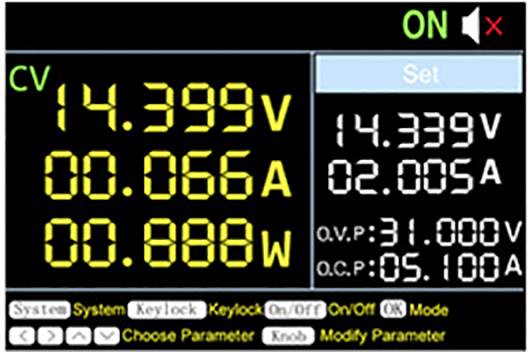 Bild eines digitalen Controllers mit Spannungs- und Stromanzeige. Zeigt 14.399V, 00.066A, 00.888W und Set-Werte von 14.339V, 02.005A.