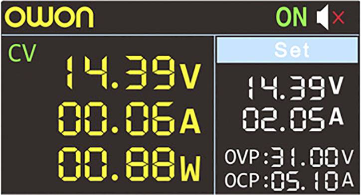 Das Bild zeigt ein digitales Anzeigefeld eines elektronischen Geräts mit Werten: 14,39V, 0,06A, 0,88W. Anzeige auf 'Set'.