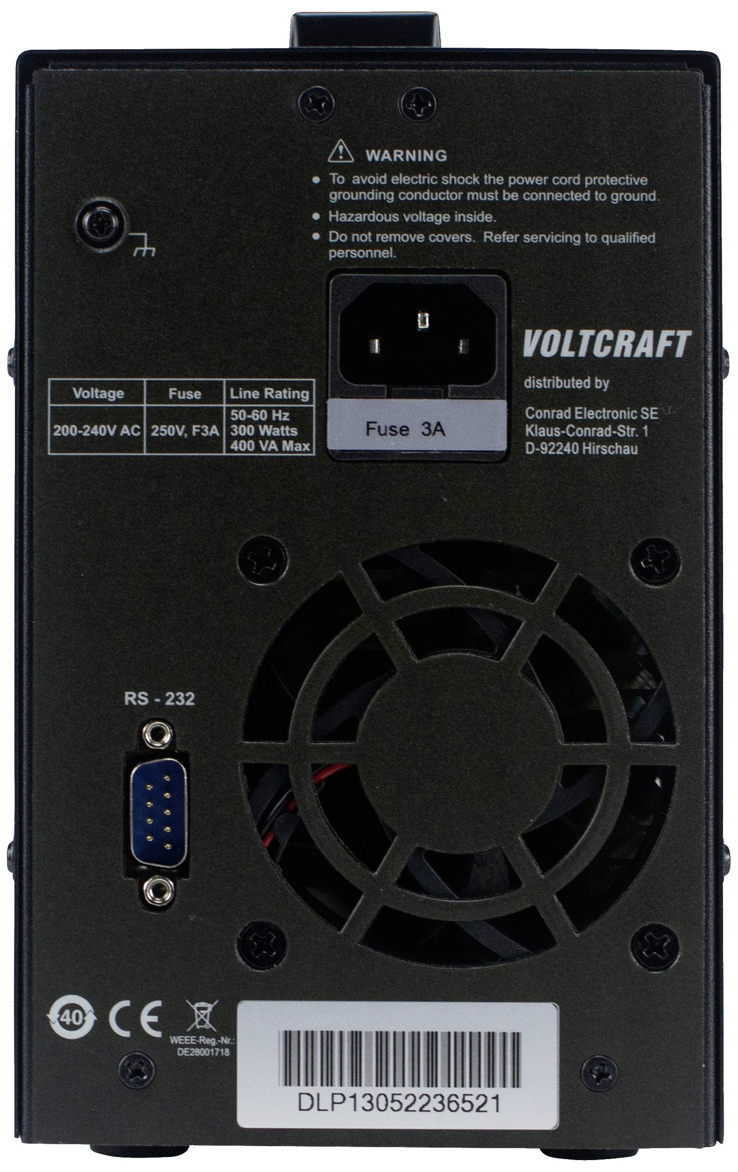 Rückseite eines Voltcraft-Geräts mit Lüfter, Sicherung (3A), und Anschlüssen. Warnhinweis vor elektrischem Schock.