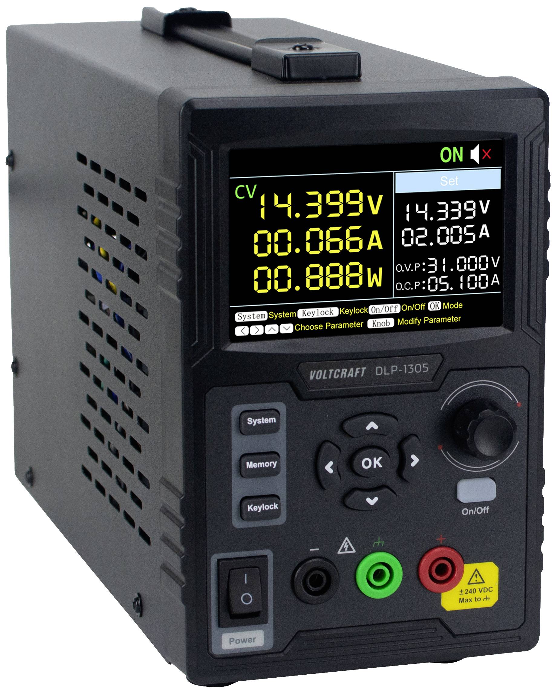 Schwarzes Labornetzteil mit digitalem Display zeigt Spannung (14,39V), Stromstärke (0,066A) und Leistung (0,888W). Tasten und Drehregler zur Steuerung.