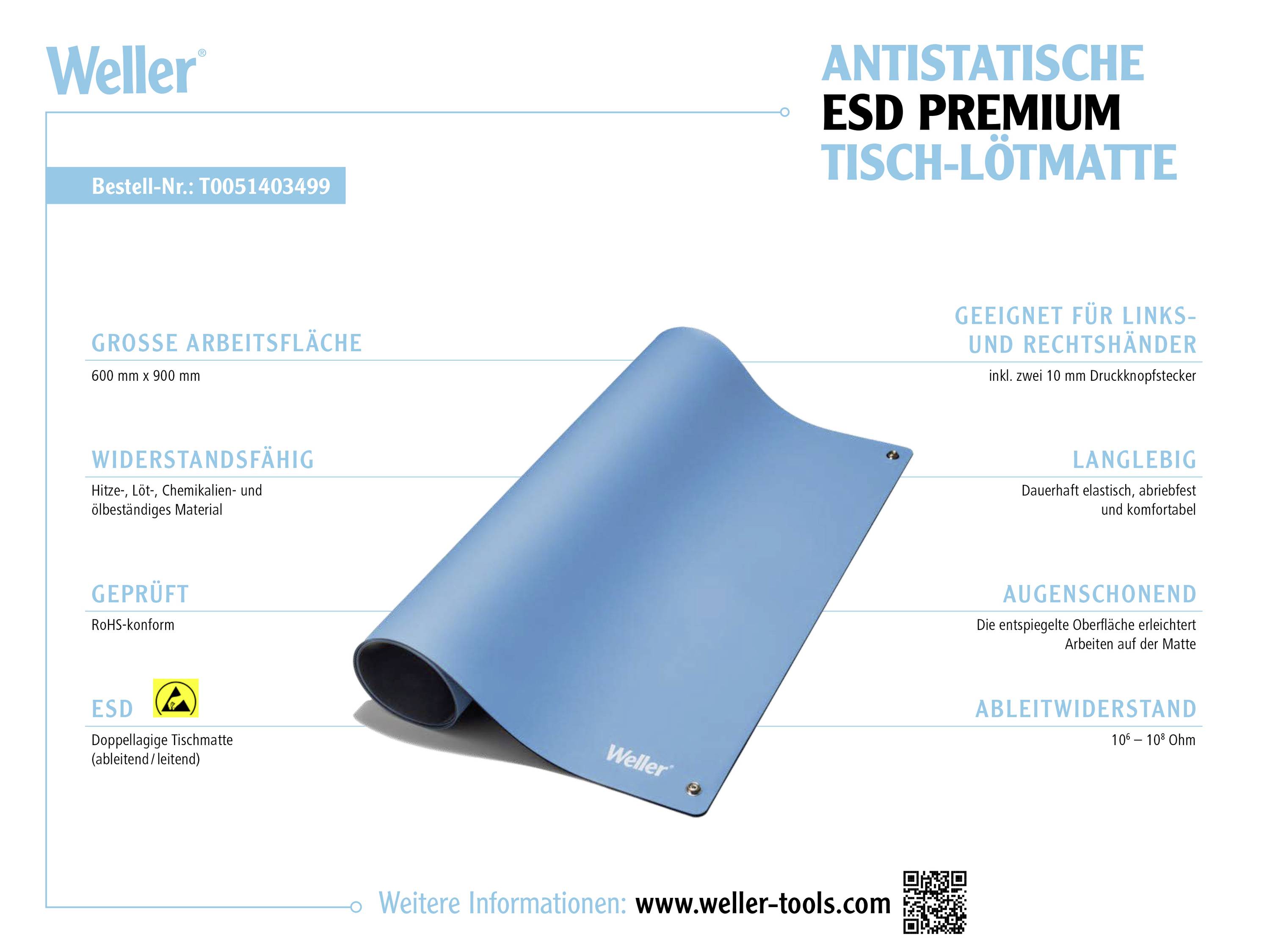 'Weller ESD Premium Tisch-Lötmatte' mit großer Arbeitsfläche 600x900 mm, langlebig, hitze- und chemikalienbeständig, für Rechts- und Linkshänder geeignet.