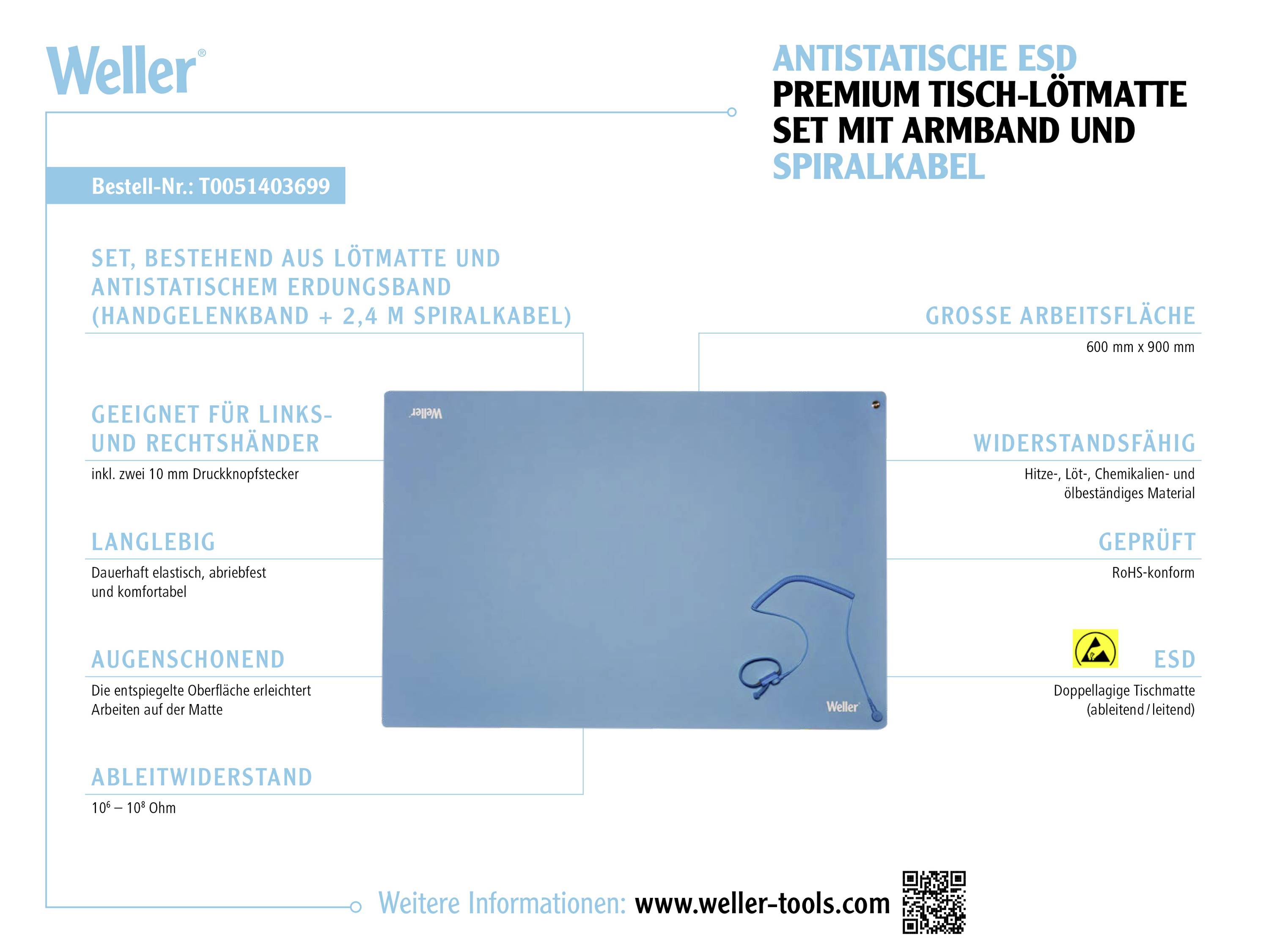 Antistatische Tisch-Lötmatte von Weller mit Armband und Spiralkabel. Große Arbeitsfläche, geeignet für Links- und Rechtshänder.