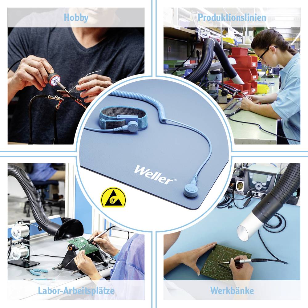 'Weller' Antistatikmatte in der Mitte. Oben links: Hobbybereich, oben rechts: Produktionslinien, unten links: Labor, unten rechts: Werkbank.