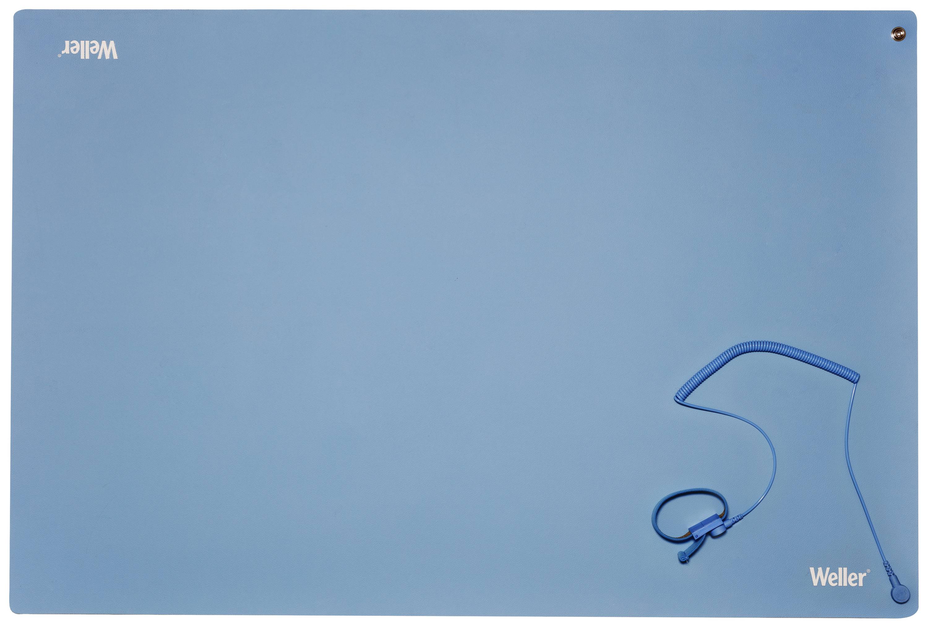 Blaue Lötmatte von Weller mit Kabelhalterung in der unteren rechten Ecke.
