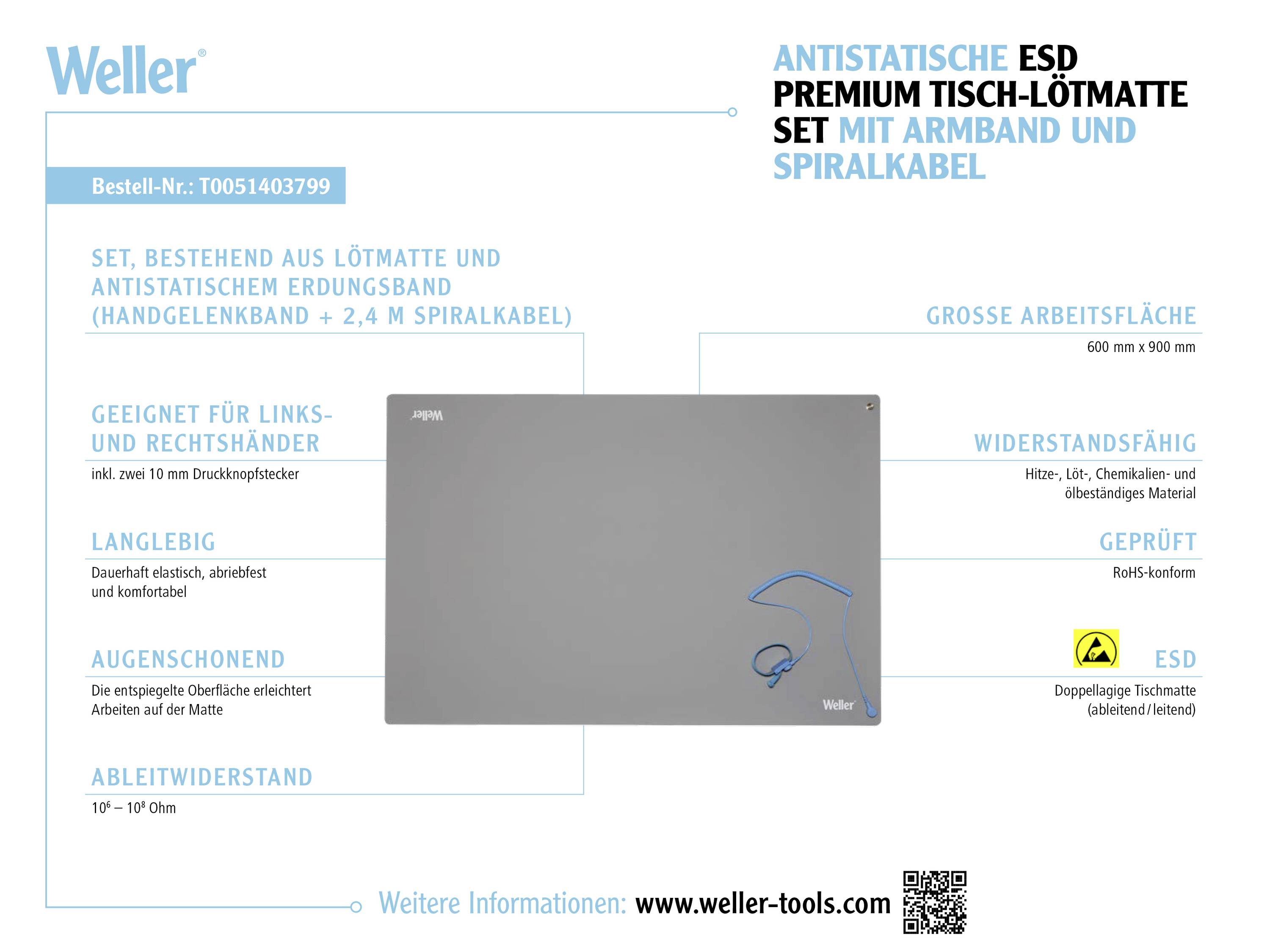 Antistatische Tisch-Lötmatte-Set von Weller, inkl. Armband und Spiralkabel. Größe: 600 x 900 mm. Geeignet für Links- und Rechtshänder.
