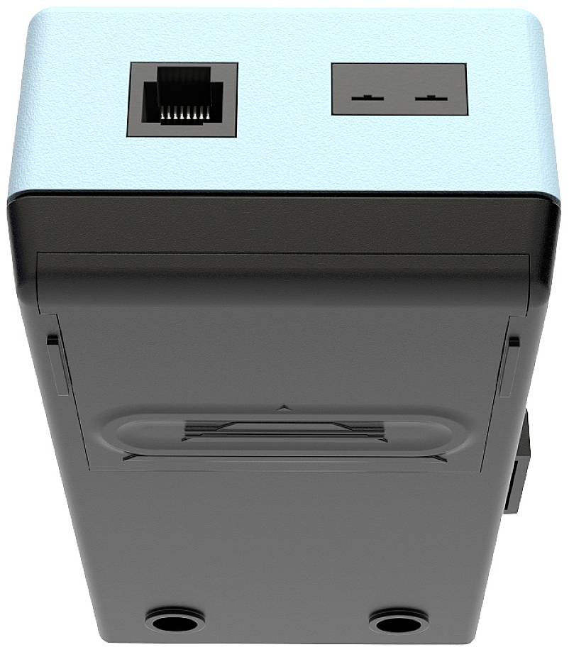 Ein rechteckiges elektrisches Gerät mit Ethernet-Anschluss und zwei Steckplätzen auf der Oberseite, wahrscheinlich zur Datenverbindung.