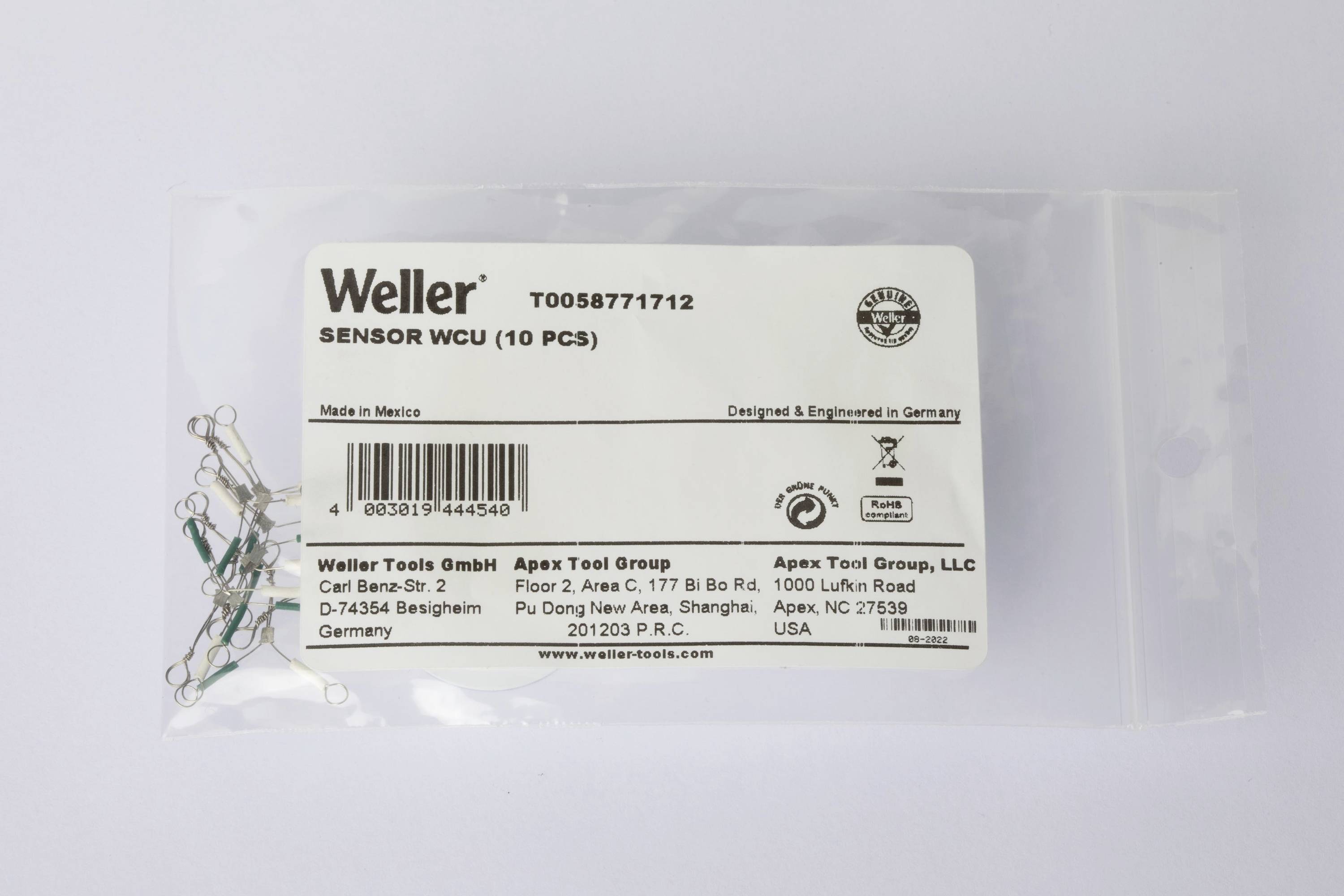 Durchsichtige Plastiktüte mit 10 Weller SENSOR WCU Teilen. Etikett mit Herstellerinformationen, Artikelnummer und Ursprungsländern.