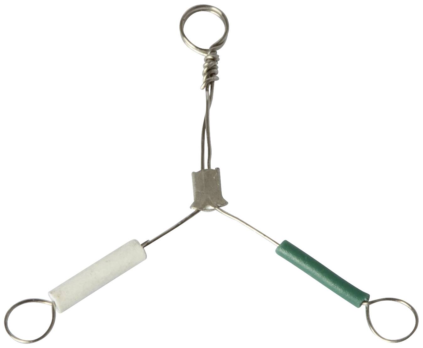 Ein Y-Adapter mit drei Ösen und zwei unterschiedlichen Griffen, einer weiß und einer grün, verbunden durch einen Metallrahmen.
