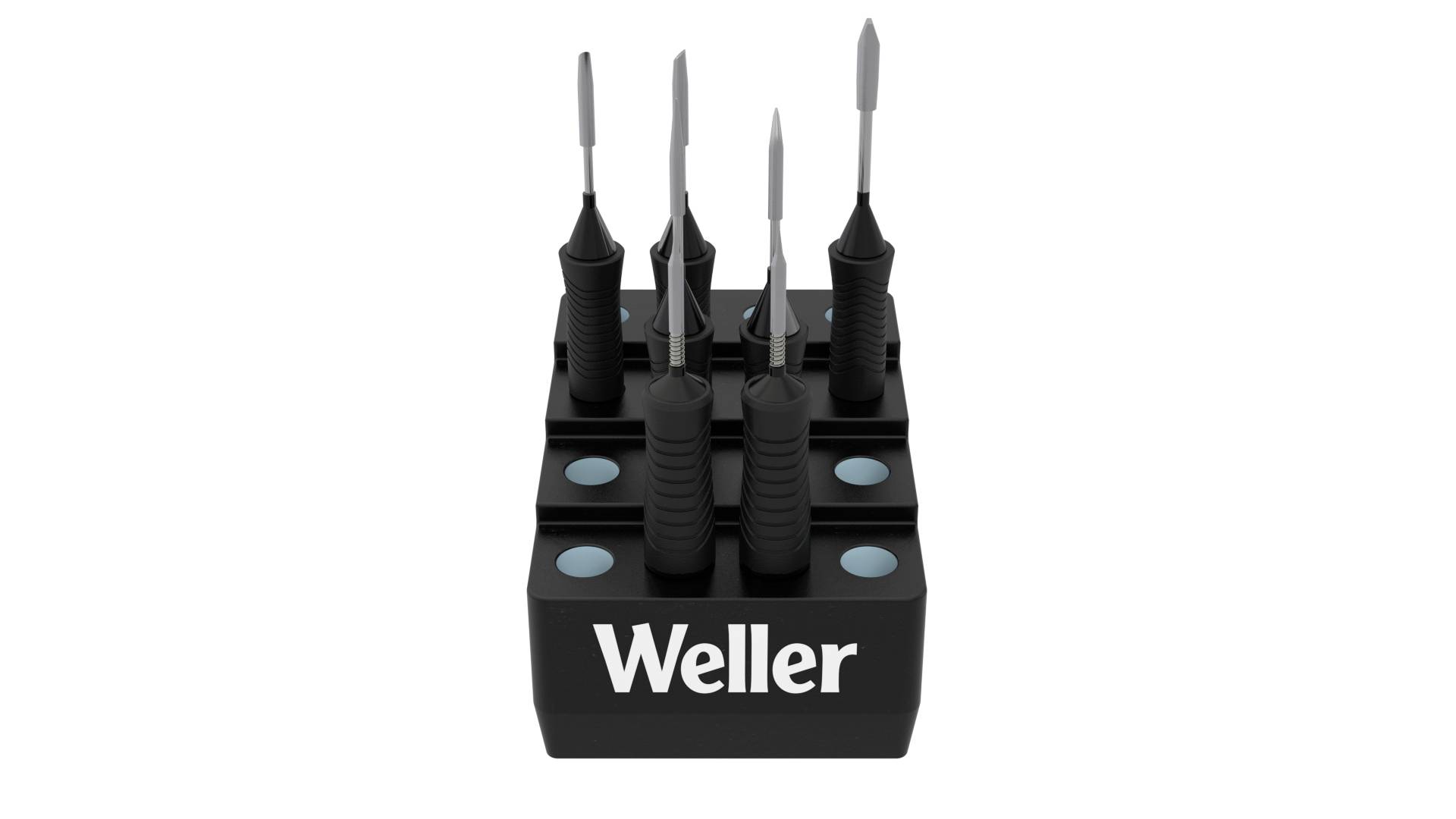 Ein Set von fünf schwarzen Lötkolben mit silbernen Spitzen, aufrecht in einem Halter mit der Aufschrift 'Weller'.