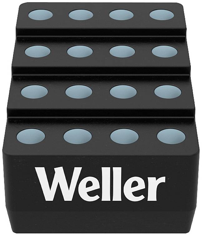 Schwarzes rechteckiges Objekt mit drei parallel verlaufenden Reihen von blau gefüllten Löchern, mit dem weißen Schriftzug 'Weller' unten.