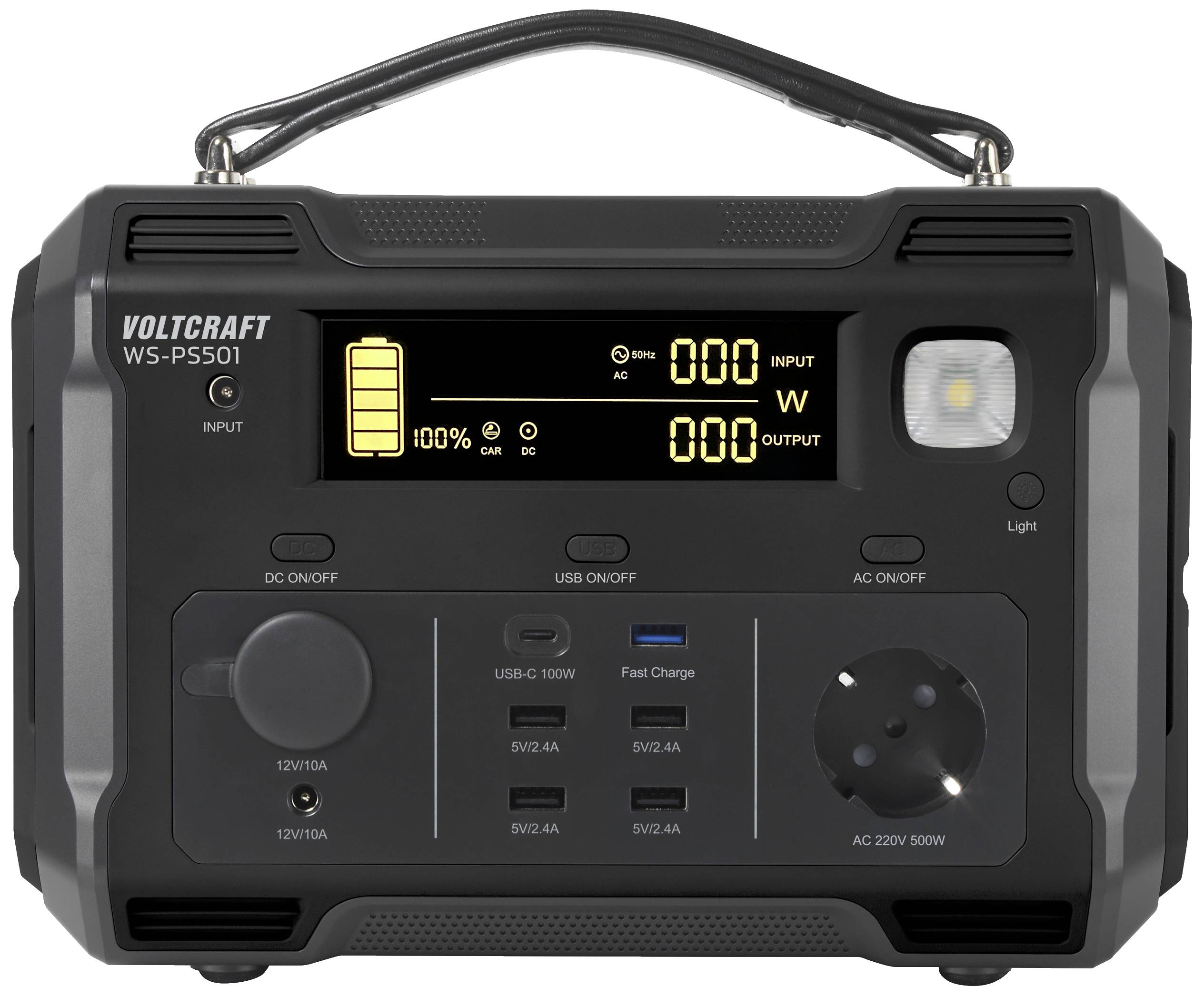 VOLTCRAFT WS-PS501 484Wh Powerstation 22.4Ah Fast Charge Nickel-Mangan-Cobalt Schwarz (matt) Outdoor, LED Taschenlampe