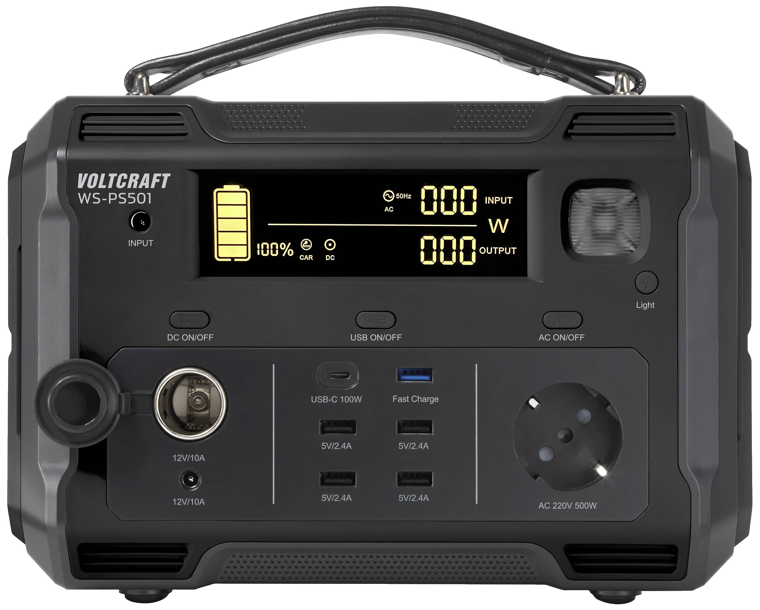VOLTCRAFT WS-PS501 484Wh Powerstation 22.4Ah Fast Charge Nickel-Mangan-Cobalt Schwarz (matt) Outdoor, LED Taschenlampe