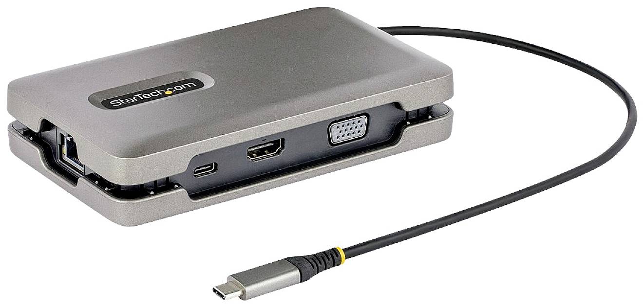 Ein graues USB-C-Dock mit Anschlüssen für HDMI, VGA, Ethernet und USB, verbunden mit einem Kabel. Ideal zum Verbinden mehrerer Geräte.
