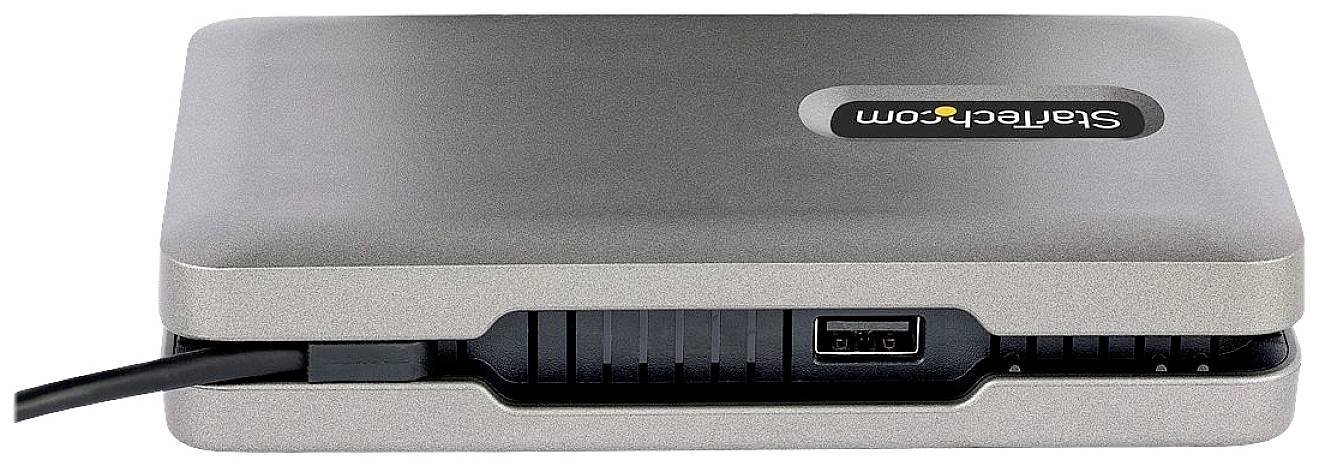 Externes Festplattengehäuse von StarTech.com mit USB-Anschluss. Rechteckiges Design in Silber und Schwarz. Ideal für mobile Datenspeicherung.