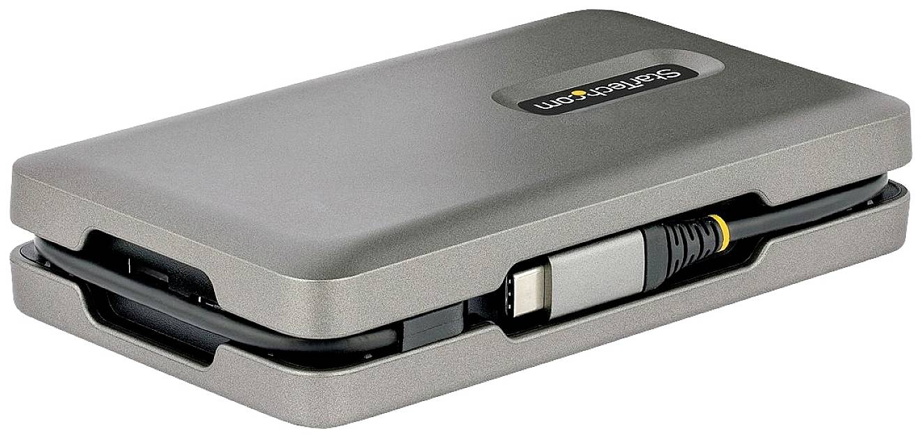 Externe tragbare Festplatte in grauem Gehäuse mit USB-Kabel, das ordentlich um die Kante gewickelt ist.