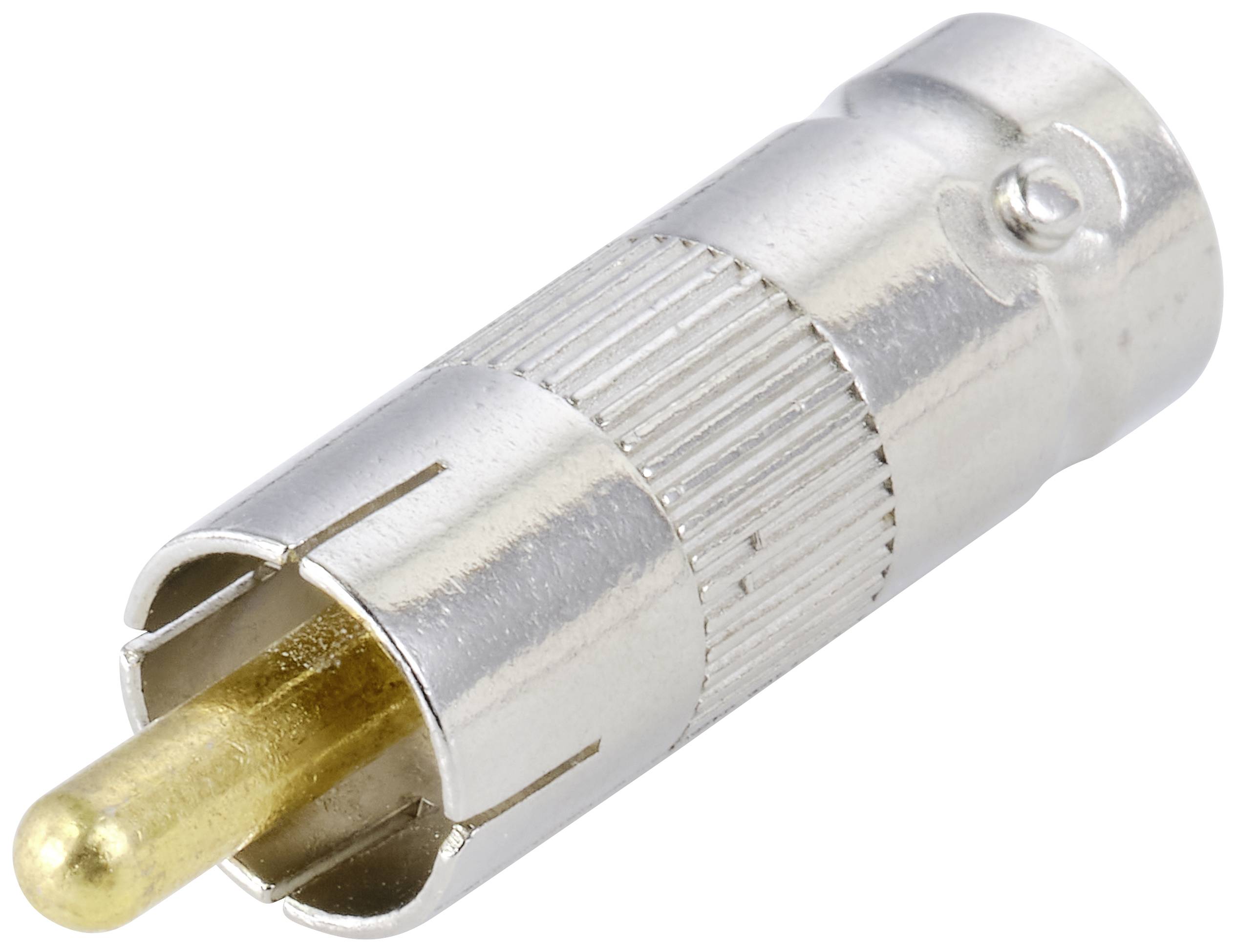 Ein silberner Koaxialadapter mit einem goldenen Stecker, der häufig für Audio- und Videoverbindungen verwendet wird.