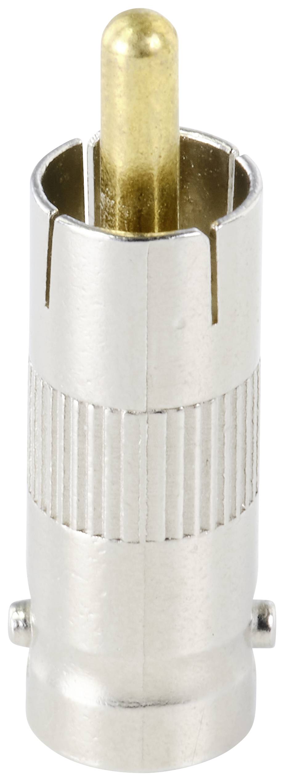 Ein einzelner silberner RCA-Stecker mit goldener Spitze, verwendet für Audio- und Videoverbindungen.