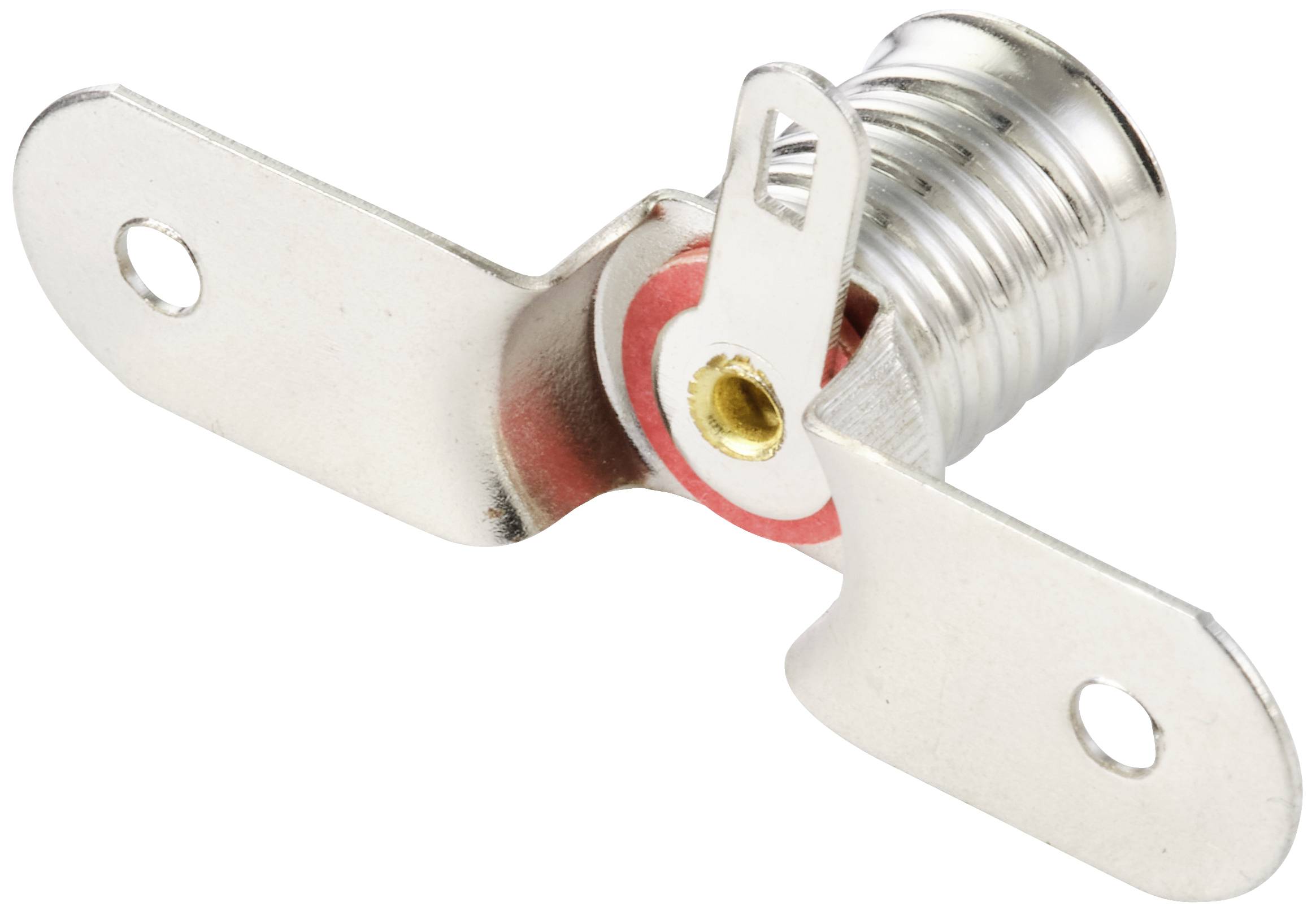 Metallscharnier mit Federmechanismus und zwei Befestigungslöchern, schräg fotografiert auf weißem Hintergrund.