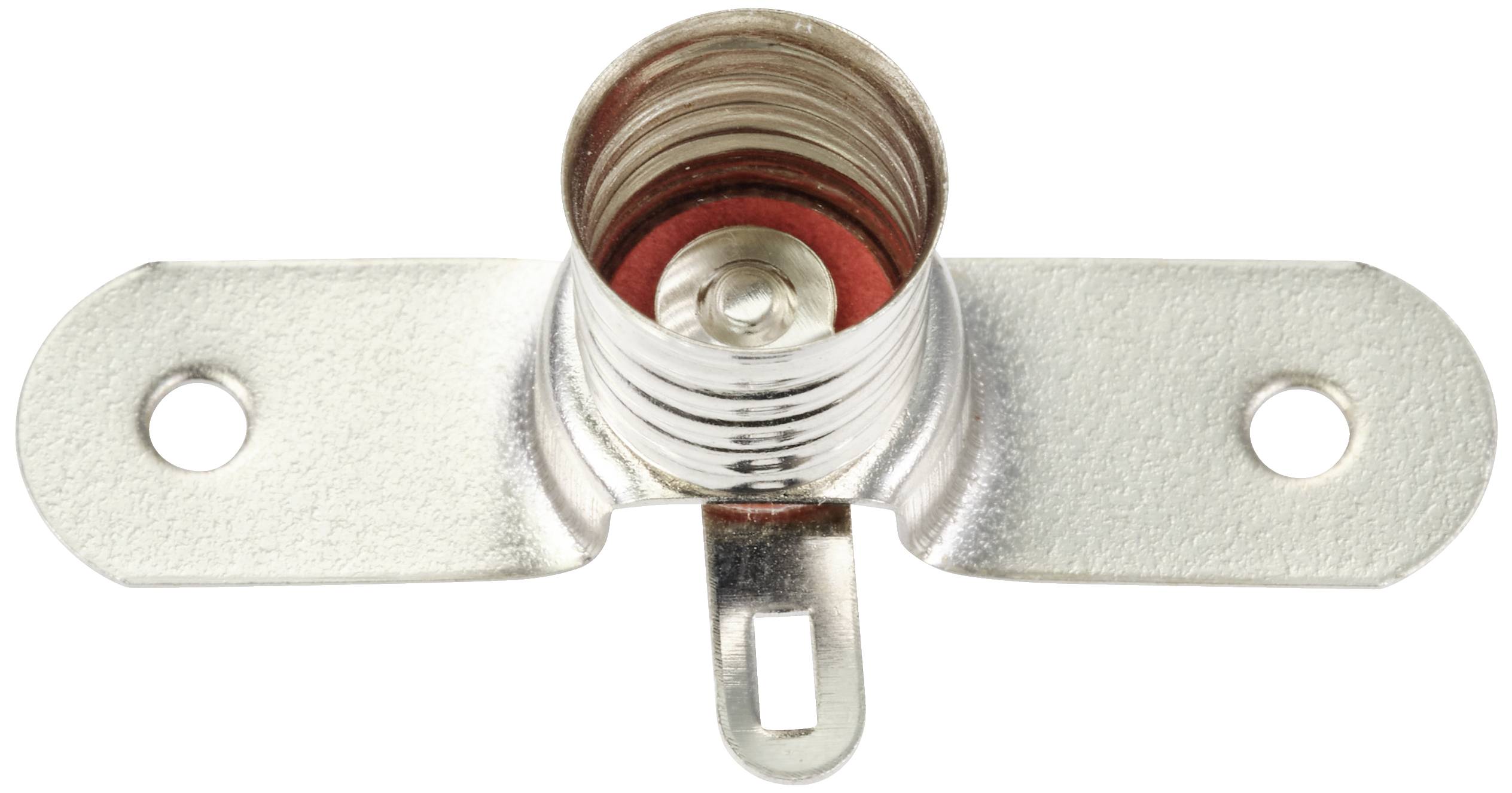 Metallene Lampenfassung mit zwei seitlichen Befestigungslöchern, offenem Gewinde und zentralem Kontaktpunkt für elektrische Verbindung.