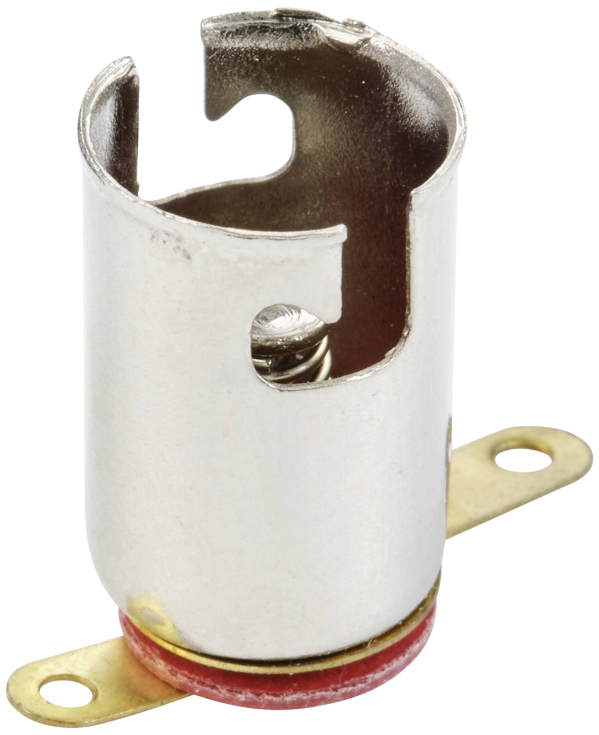 Ein metallener Lampenhalter mit zwei Befestigungslaschen und einer roten Isolierung am unteren Ende, verwendet für Glühbirnen.