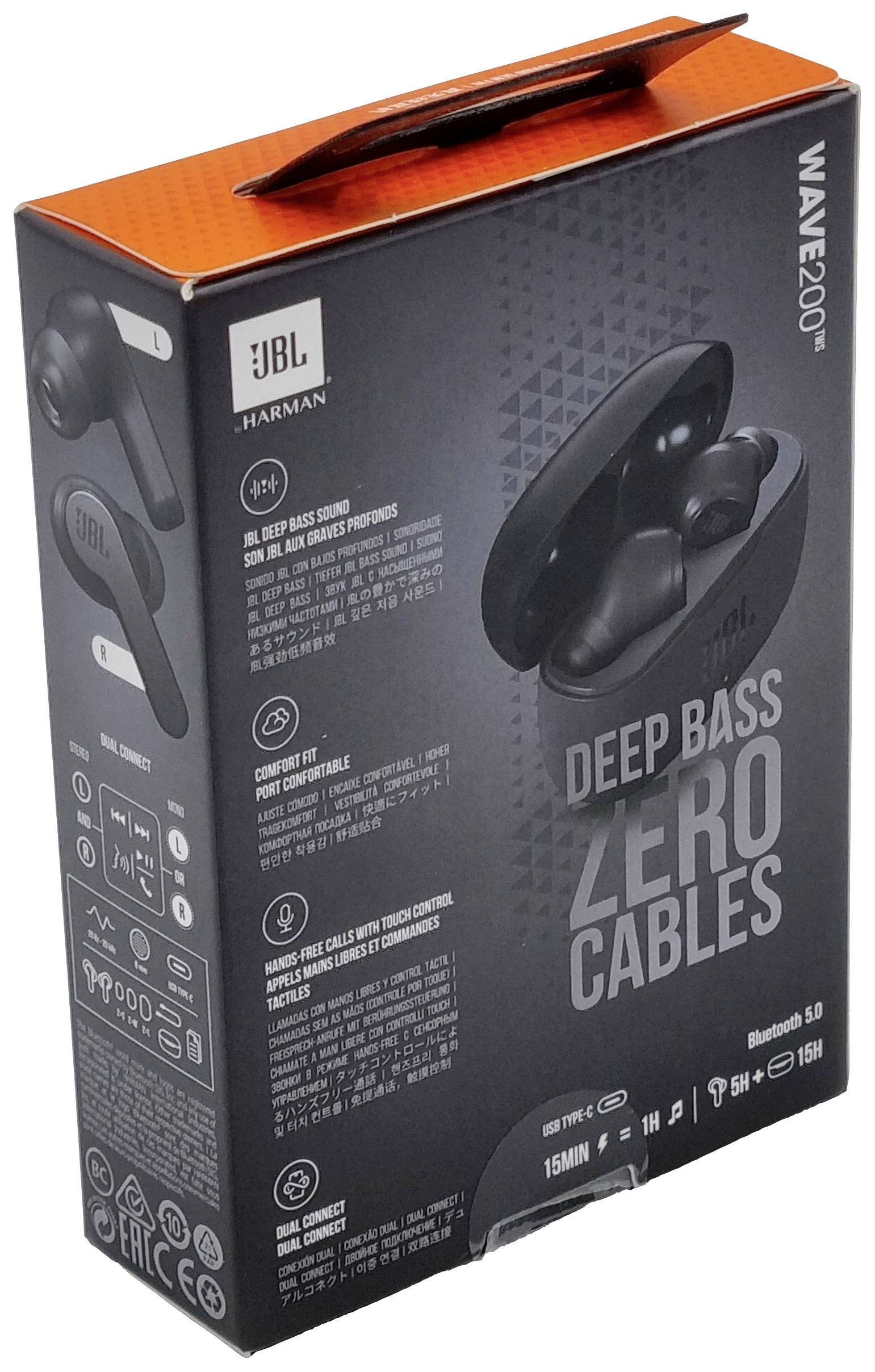 Verpackung der JBL Wave 200TWS Earbuds. Zeigt das Produktbild der kabellosen Kopfhörer mit der Aufschrift 'Deep Bass Zero Cables'.
