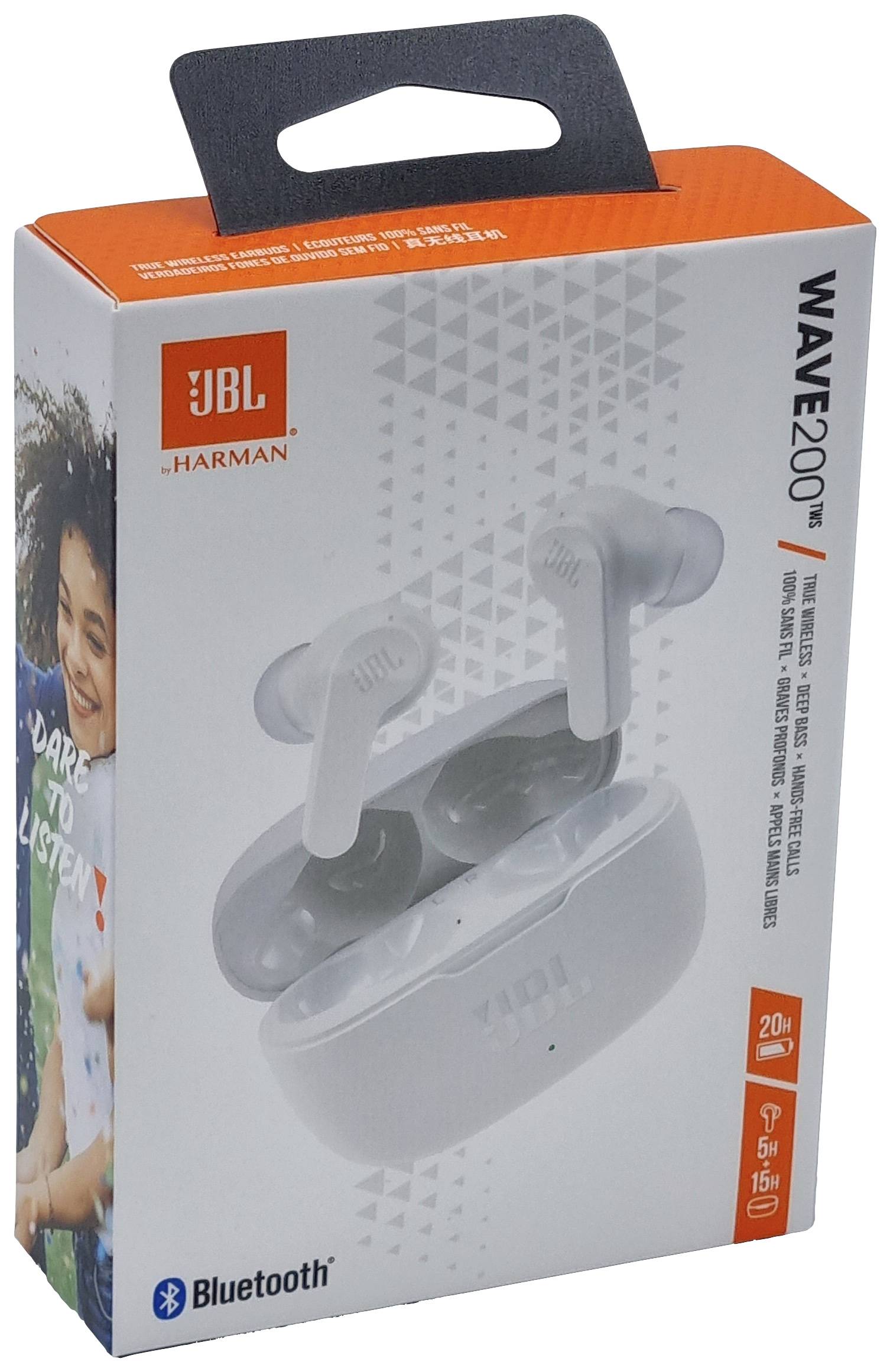 JBL Wave 200TWS-Kopfhörer-Verpackung, zeigt Ohrhörer mit Ladecase, Bluetooth-Logo und Batterielaufzeitangaben.