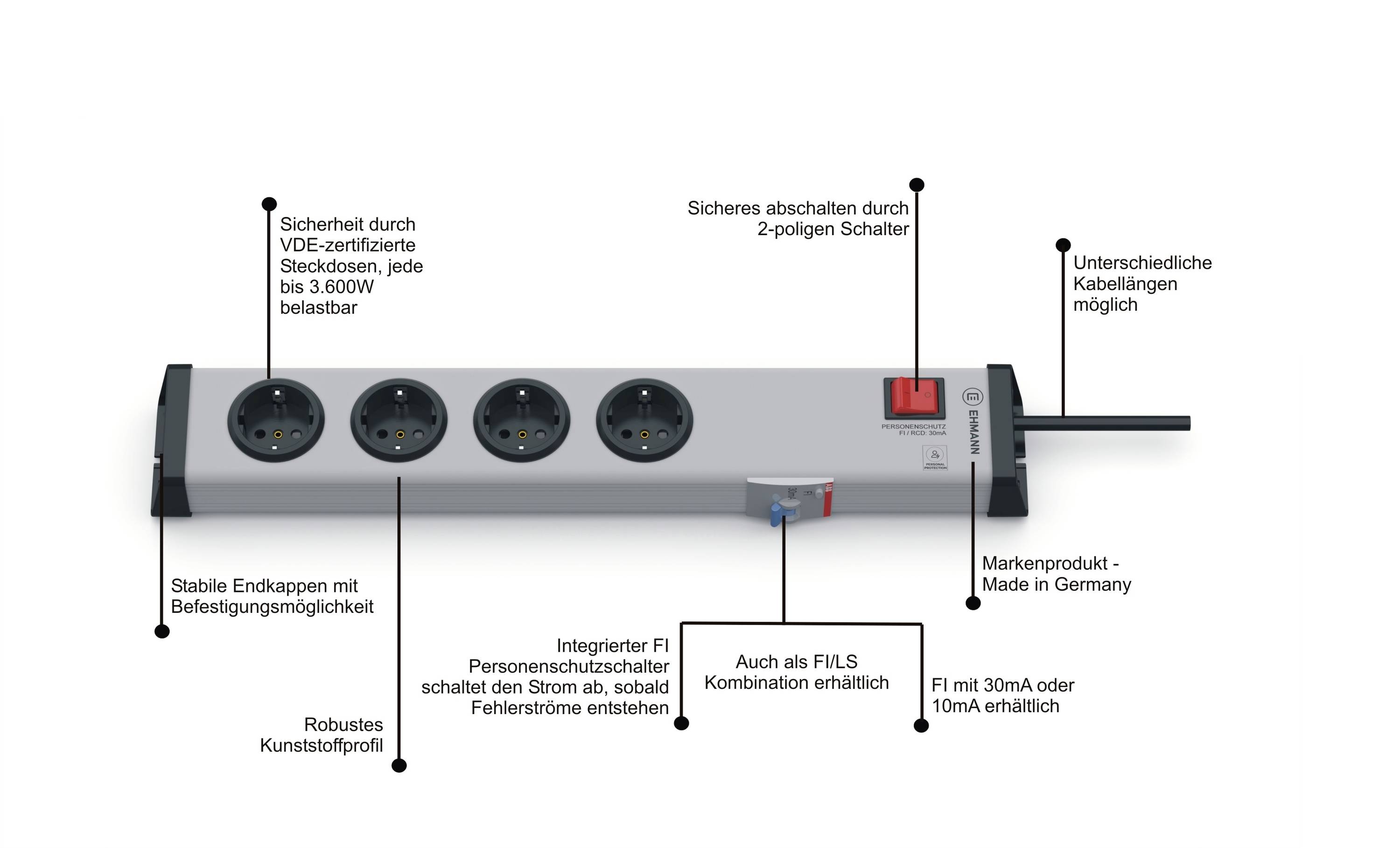 Ehmann 0221x00042303 Personenschutz-Steckdosenleiste Silber, Schwarz Schutzkontakt 1St.