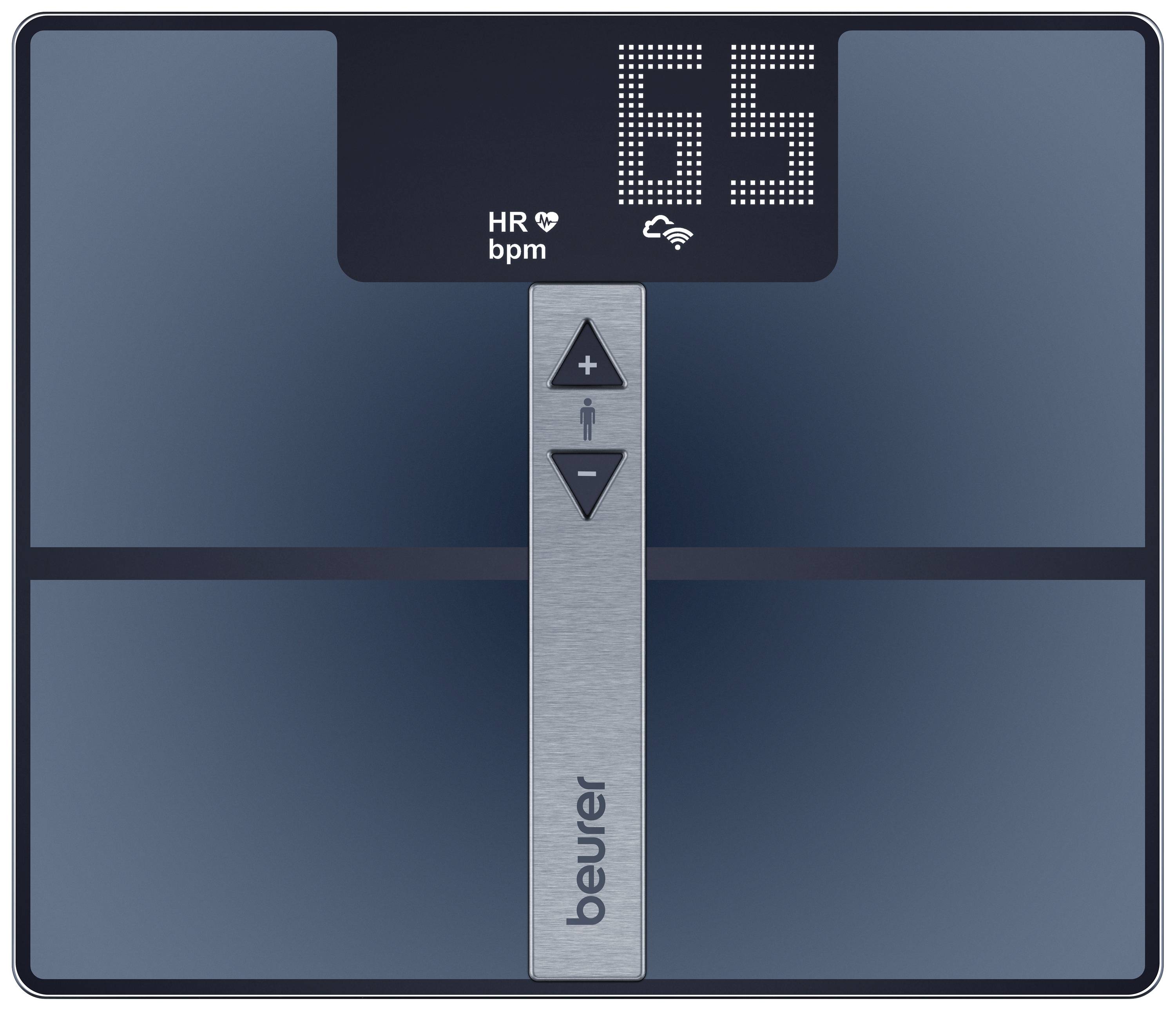 Digitale Personenwaage mit Herzfrequenzanzeige '65 bpm' und Wi-Fi-Symbol auf LED-Display, Marke 'beurer'.