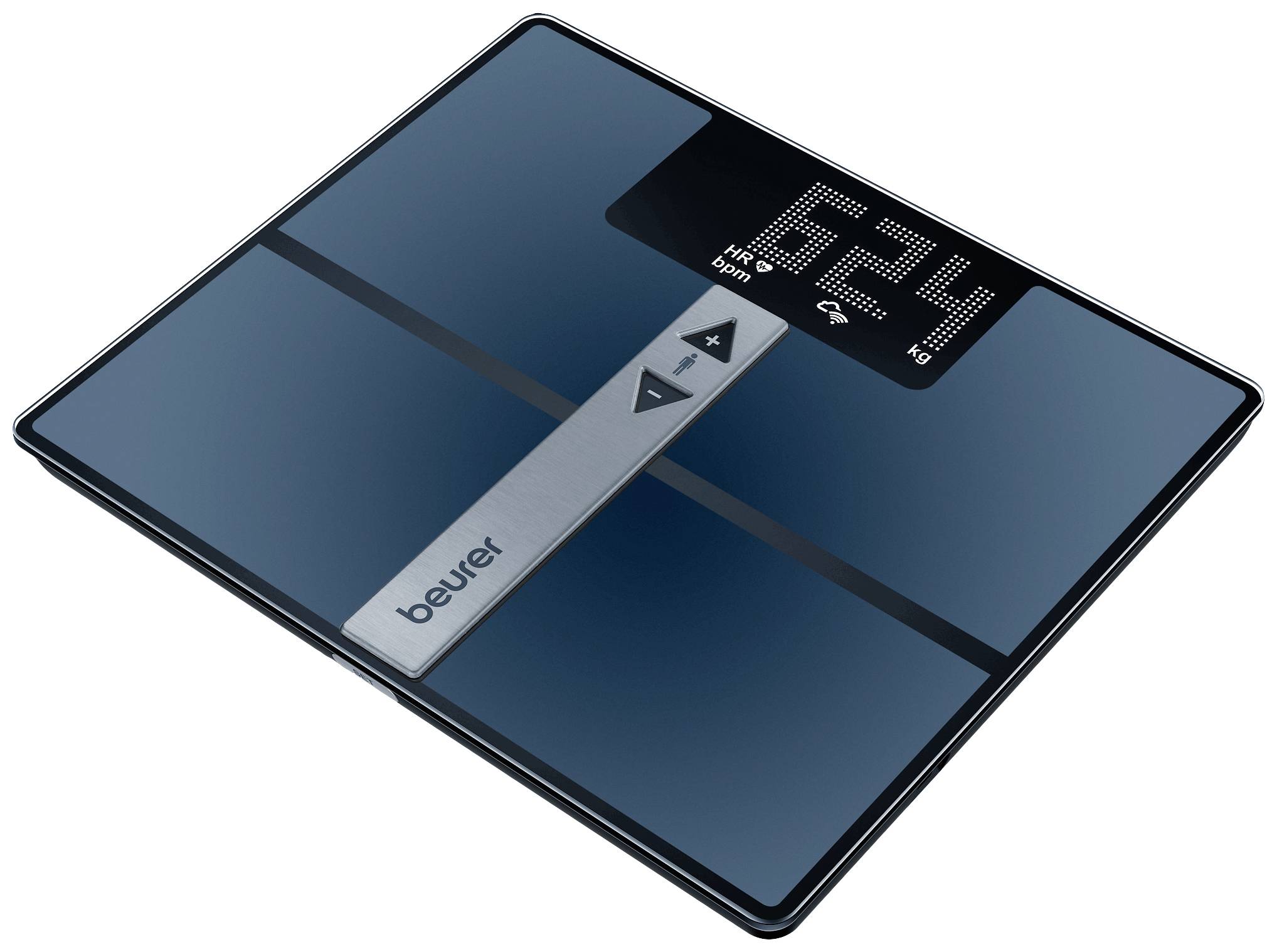 Digitale Personenwaage mit dunkler Glasoberfläche, zeigt das Gewicht 62,4 kg an. Bedientasten in der Mitte, Anzeige oben.