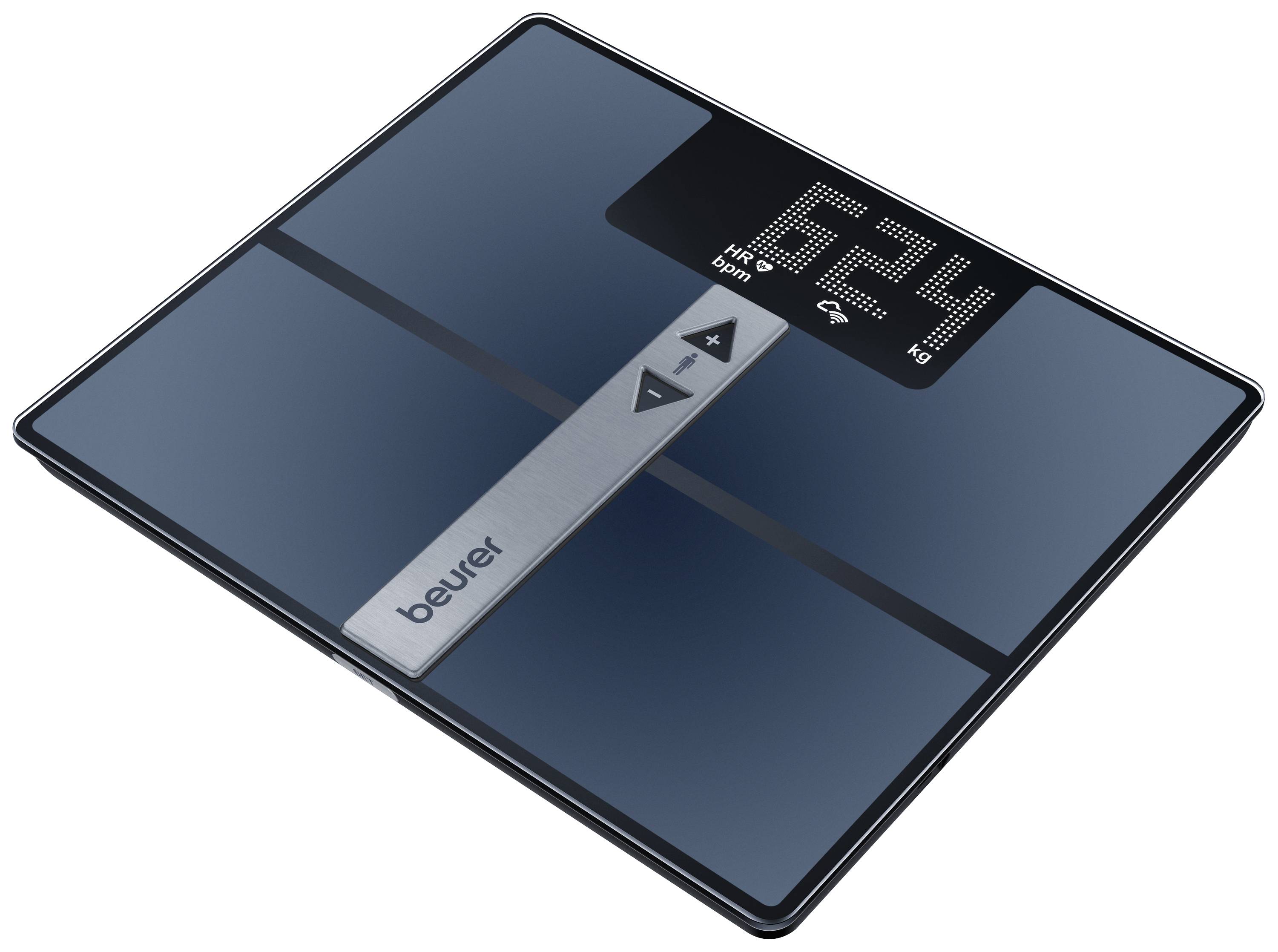 Digitale Waage mit Glasoberfläche und Display mit '62,4 kg' Anzeige. Markennamen sichtbar. Schwarz-silbernes Design.