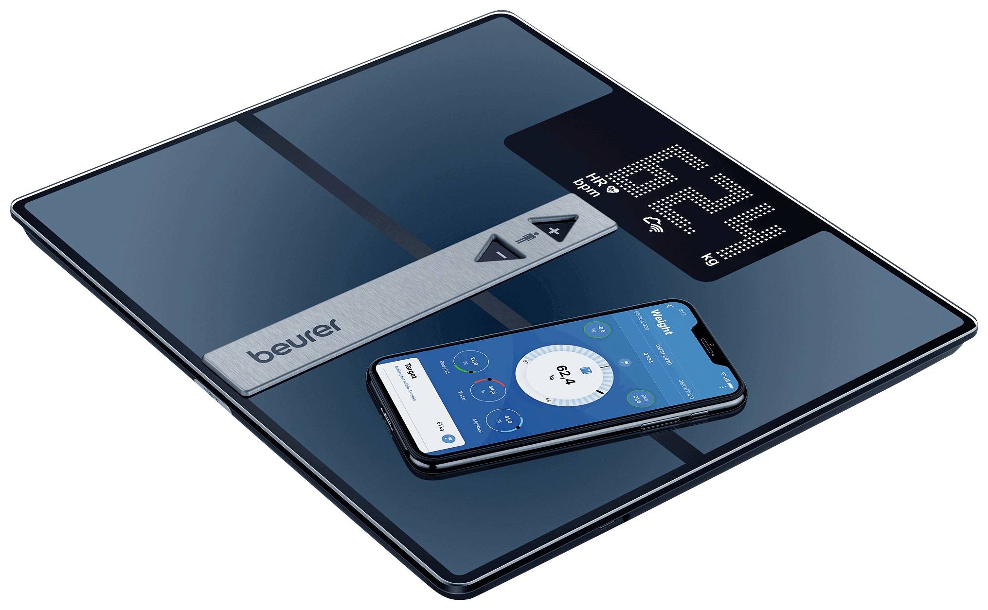 Digitale Waage und Smartphone mit synchronisierter Gesundheits-App, zeigt Gewicht, Kalorienverbrauch und Gesundheitsdaten.