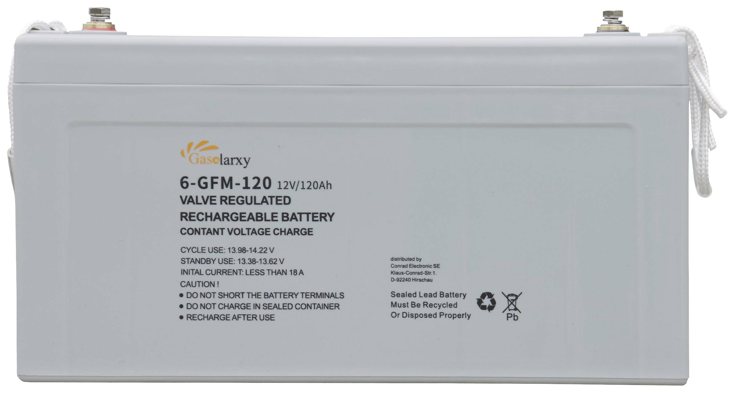 Batterie mit Aufschrift '6-GFM-120, 12V/120Ah'. Warnungen zu Ladebedingungen und Sicherheitsvorschriften. Geeignet für erneuerbare Energien.