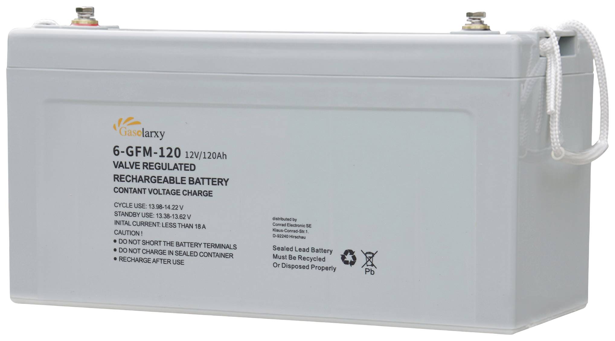 12V wiederaufladbare Bleibatterie, Modell 6-GFM-120, 120Ah. Gleichmäßige Spannungsladung. Warnhinweise zum sicheren Gebrauch.