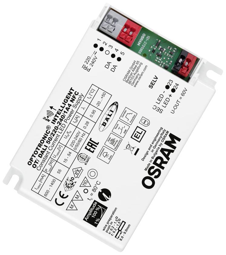 Ein LED-Treiber von Osram mit technischen Spezifikationen und Anschlüssen zur Steuerung von LED-Lichteinheiten. Visuelle Identifikationsmerkmale und Sicherheitszertifizierungen sind abgebildet.