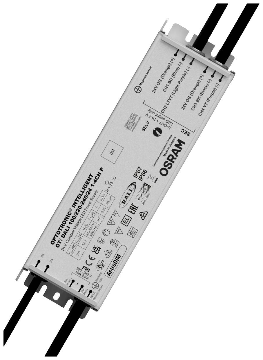 Das Bild zeigt ein elektronisches Gerät von OSRAM, beschriftet mit technischen Spezifikationen und Symbolen, vermutlich ein Treibermodul.