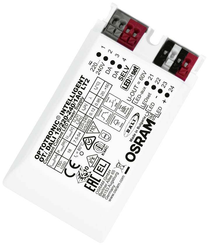 Ein LED-Treiber von OSRAM, Modell OTi DALI 75/220-240/24 1-4 CH. Geeignet für den Innenbereich mit verschiedenen Leistungs- und Spannungsangaben.