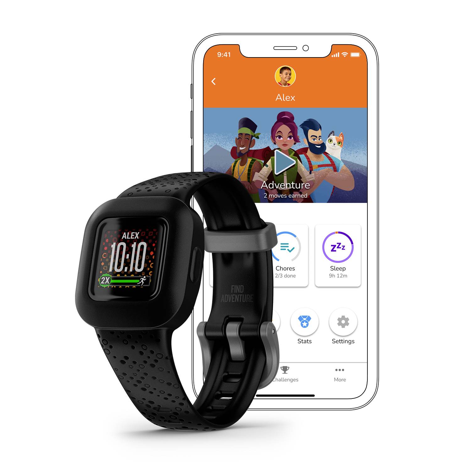 Eine schwarze Smartwatch zeigt 10:10 Uhr. Im Hintergrund ist ein Smartphone mit einer Fitness-App, die Schritte, Schlaf und Aktivitäten aufzeichnet.