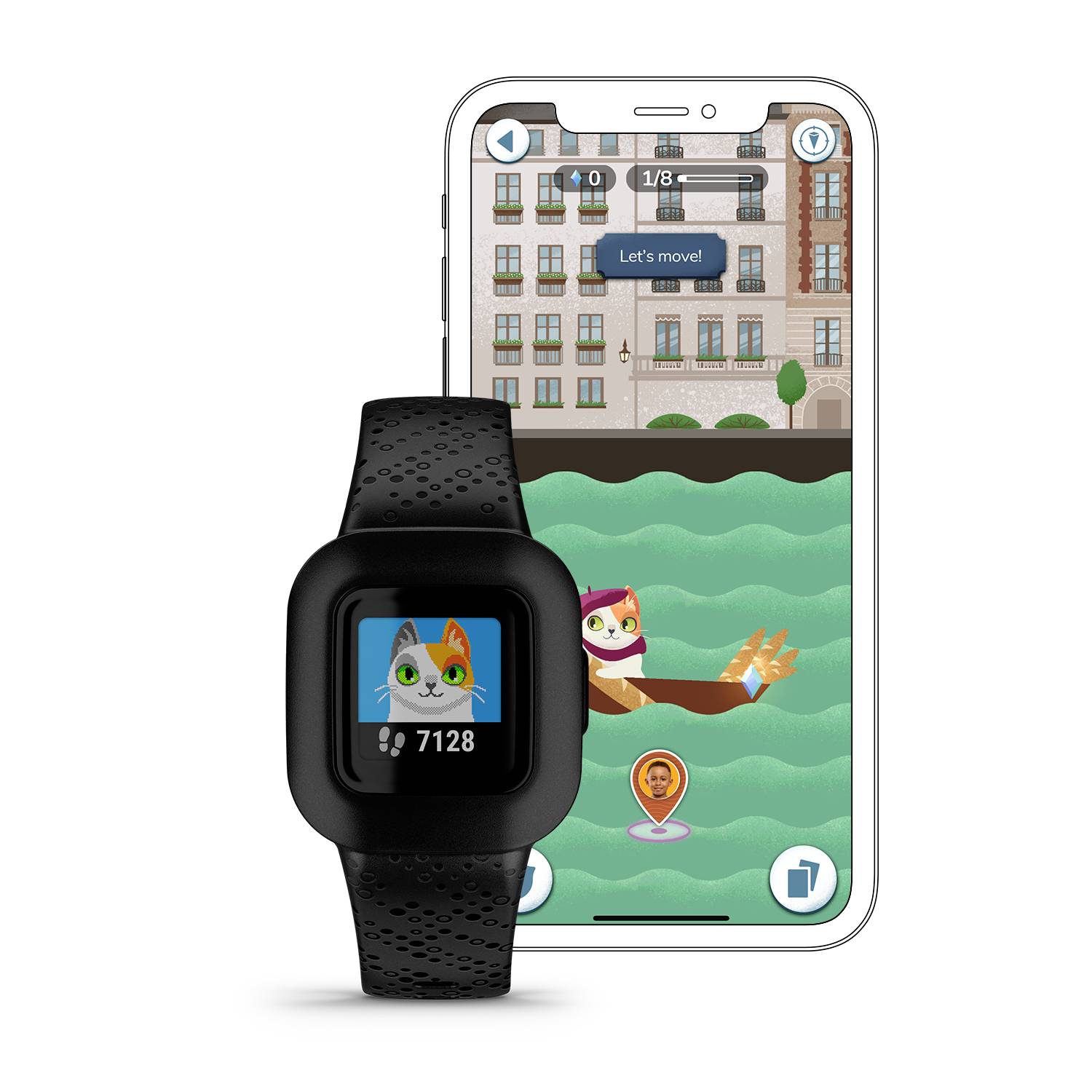 Eine Smartwatch zeigt 7128 Schritte. Dahinter ein Mobiltelefon-Bildschirm mit einer Katzenfigur, die mit einem 