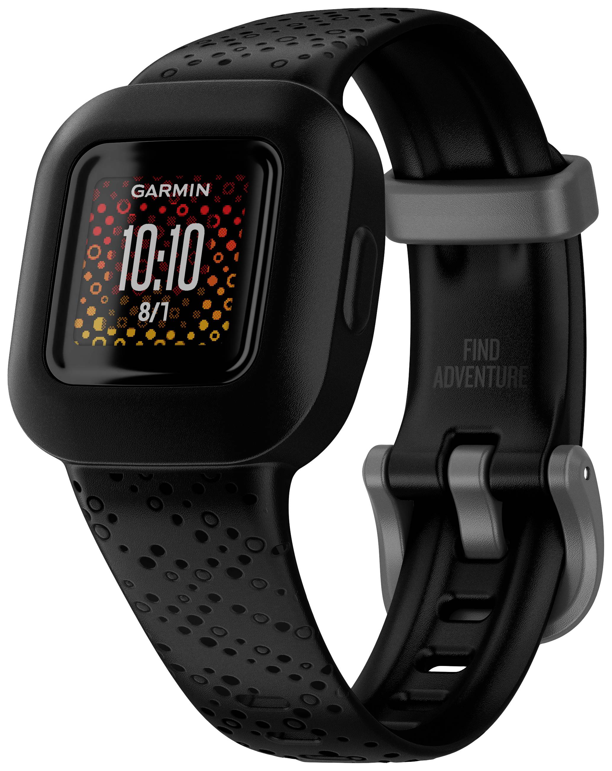 Schwarze Smartwatch mit rechteckigem Display zeigt '10:10' und Schritte. Armband mit Perforationen. Markenname oben am Display.