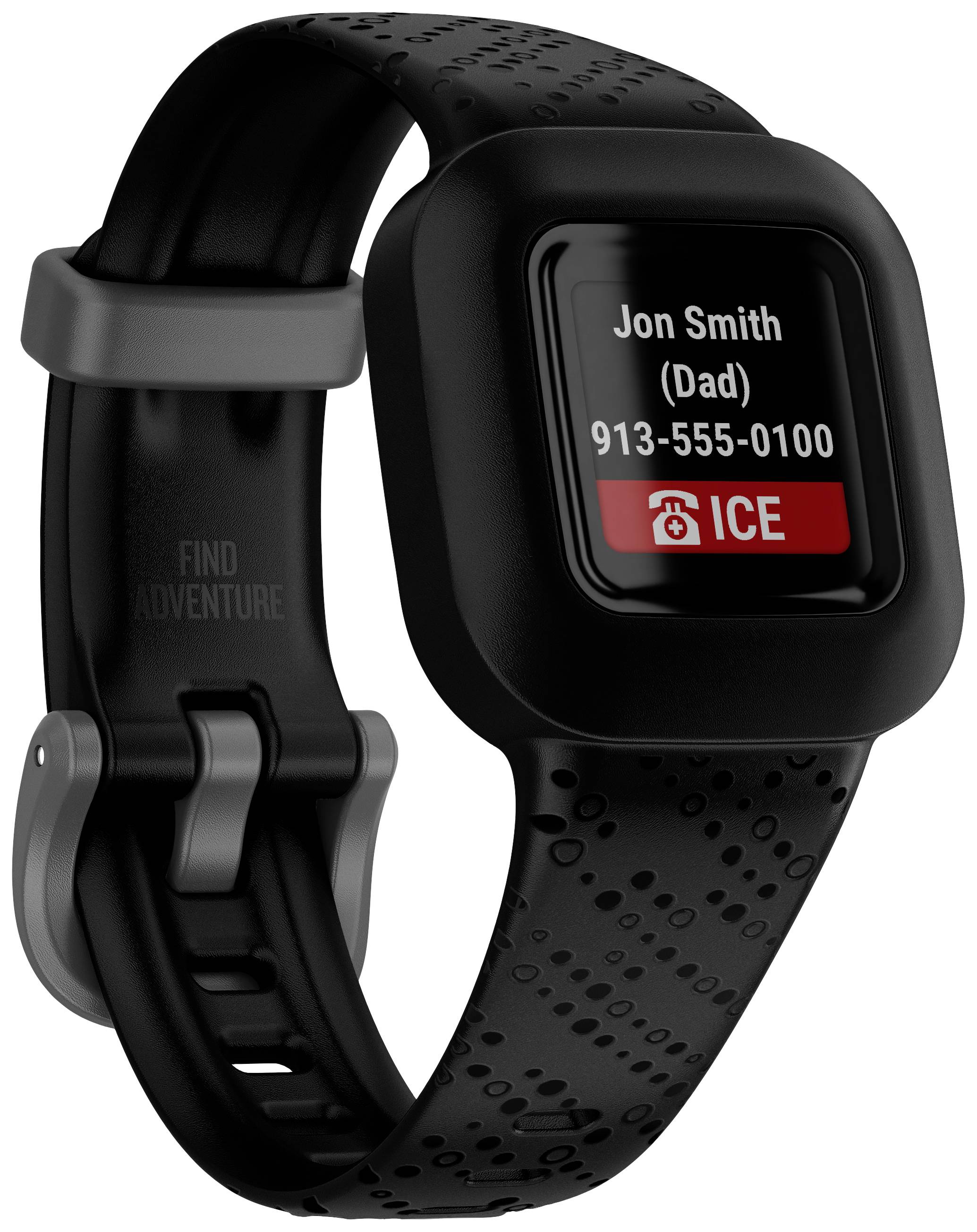 Ein schwarzes Smartwatch-Display zeigt einen eingehenden Anruf von 'Jon Smith (Dad)', mit der Nummer '913-555-0100', unter 'ICE' (Notfallkontakt).
